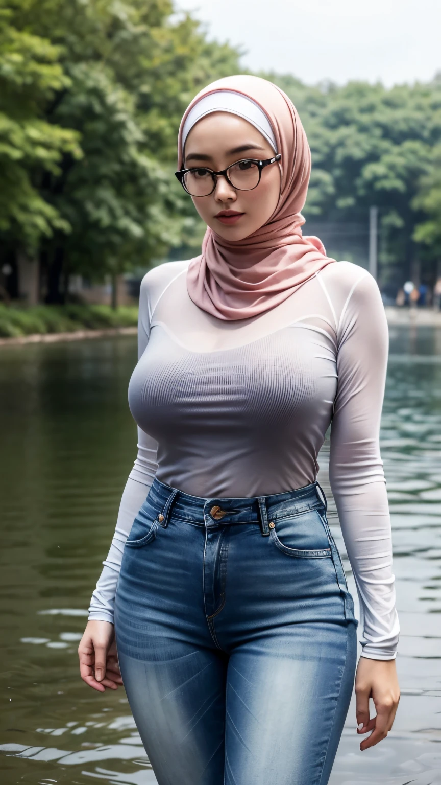 Full body photo, (highest quality: 1.4), 32k resolution, (Realistic: 1.5), (Ultra-realistic: 1.5), UHD high resolution, (masterpiece: 1.2), (Enhanced quality: 1.4), 1 woman, Supermodel , 16 years old, Bright Face, Soft lighting, Japanese Woman, 0 years old, Beautiful woman, action, gravure, sexy, ((hijab)), ((wearing long black spandex cuffs)), big breasts, prominent nipples ((wearing jeans tight blue)), wearing transparent white-rimmed glasses, outdoors, bright daylight