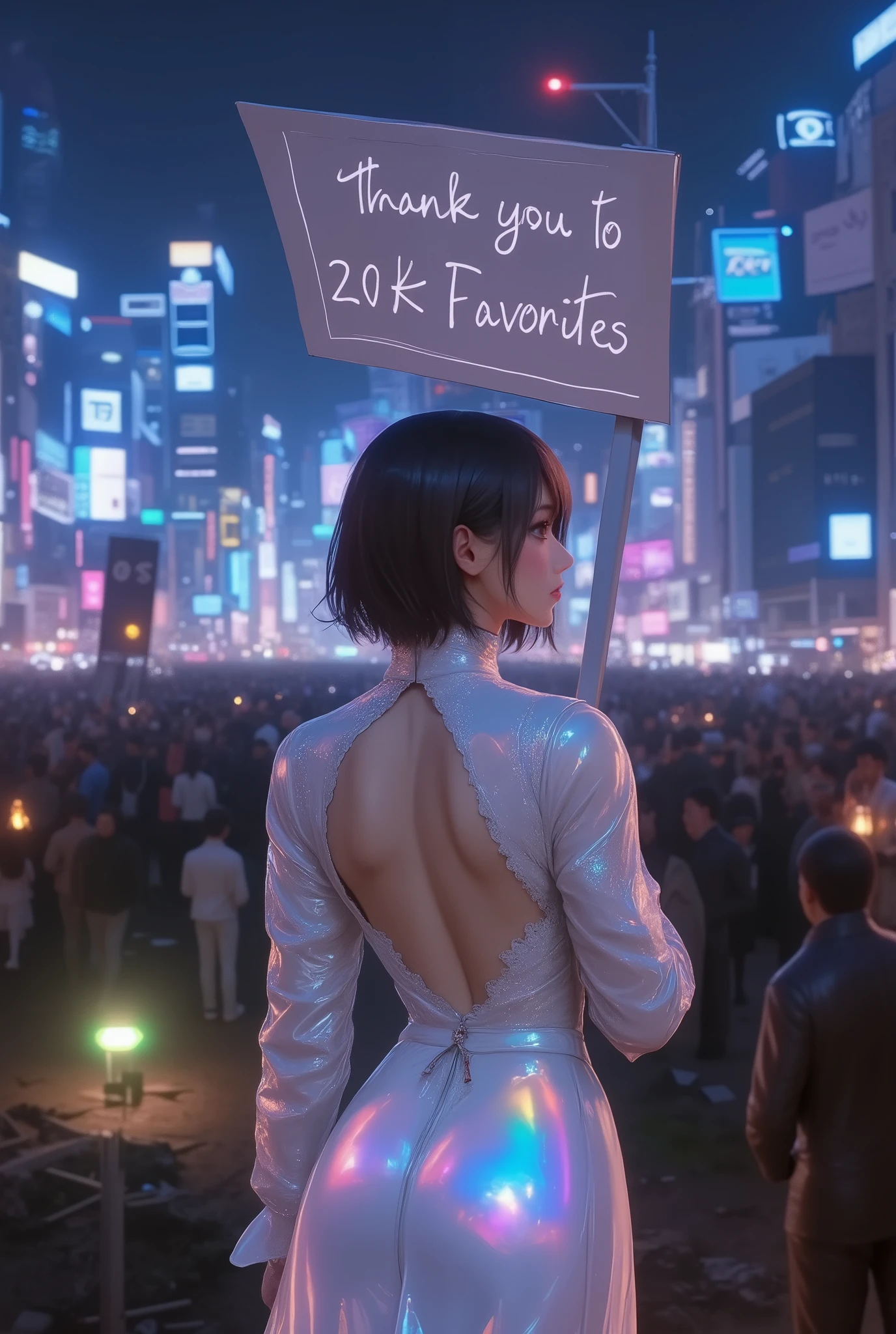 masterpiece, high res, illustration, animation style, movie style: your name, night , mid night , Gentle Light, Fascinating Light, batttle field, ruins of a big city, (back side shot, from her back, full body shot, full body, view from her back:1.7), (1 female: 1.3), (Alone: 1.4), Type 2B Yorha, has long eyelashes, short bob, nose_, open_mouth, futon, , Backless long Dress, , Kirarhythm, dynamic perspective, perspective, Bokeh, Depth_of_Field, from_ Down, (natural breasts:1.2), (Uplifted and well-defined bust:1.2),(holding a big sign that says "thank you to 20K favorites":1.5)