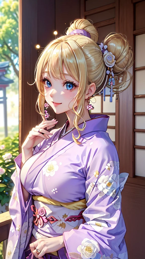 A masterpiece, ultra high definition, ultra HD quality, the most beautiful woman in history, anime, slender body, (large breasts), tall height, small face, well-balanced proportions, (shiny hair, light blonde hair:1.2), (((Updo hair:1.3))), (long bangs), (has beautiful shining eyes), (clear Blue eyes), (((shining highlights:1.3))), long eyelashes, pink lips, beautifully precise and delicate hand and finger creation, divine smile, (((Japanese kimono / pale purple colored furisode))), (((gorgeous floral kimono))), (white rose accessory:1.2), ((Hairpin)), (small earrings, ring), upper body, beautiful standing posture like a fashion model, Japanese shrine, torii gate
