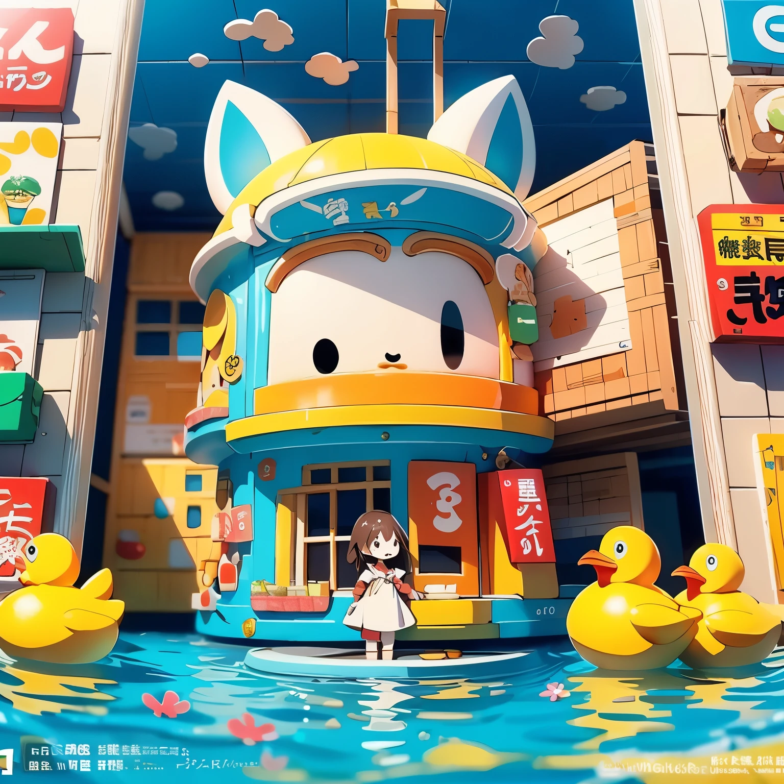 Japanese manga cover style, a rebellious girl in a semi-transparent wet uniform standing in a colorful grocery store. Surrounding her are a large water tank, a cat, a rubber duck, and a door marked with the number 8. She holds a key and a letter, with light and water splash effects adding vibrancy. Background includes an abstract mix of cubism-inspired patterns, a shadowy fantasy monster, and obsidian textures. Pop art coloring with glowing highlights, dynamic pose, and intricate decorations along the edges for text and title.