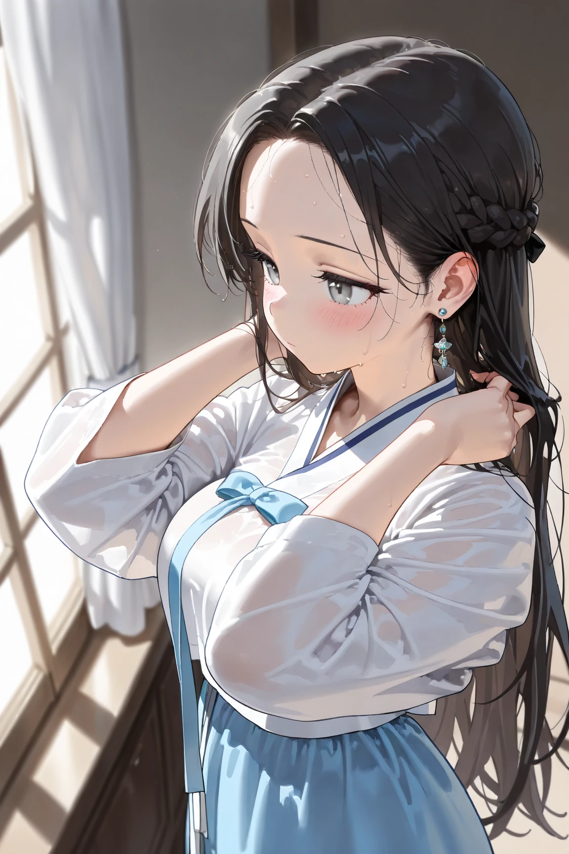 
score_9, score_8_up, score_7_up, high detailed, high quality, masterpiece, no text, quality highlights, 8k detail, detailed background, source_anime, dynamic view, ultra-detailed,
pov, Korean Hanbok, cute girl, solo, earrings, blush, flawless smooth skin,
oversized clothes, A dazed expression, (forehead, Bangs with visible forehead, Show me your forehead, no bangs),((side parted hair)), Braided  hair, Plait, Braid, French braid,
... 1girl, solo, Ancient oriental style, black hair, Large breasts, Cute girl, Pale gray eyes, Tareme, Sweat, She is a human, Long eyelashes, Beautiful face, Sensual, A hairstyle with long bangs brushed to the side, A clean forehead without a tattoo on the forehead, She is tying her hair, She tries to tie her hair, Disdain, Staring at,
(best quality,4k,8k,highres,masterpiece:1.2),ultra-detailed,intricate details, high fashion, dramatic lighting, chiaroscuro, Without hair streak, She is only black-haired