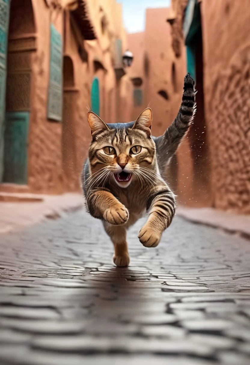 there is a cat that is running down the street with Moroccan people chasing it, awesome cat, extremely realistic photo, real-life tom and jerry, happy cat, cat attacking Marrakech, funny cat, running cat, !!! cat!!!, !!!! cat!!!!, highly realistic photo, real life picture, ultra realistic picture, hyper real photo, stolen sardine in mouth, hyperrealistic picture