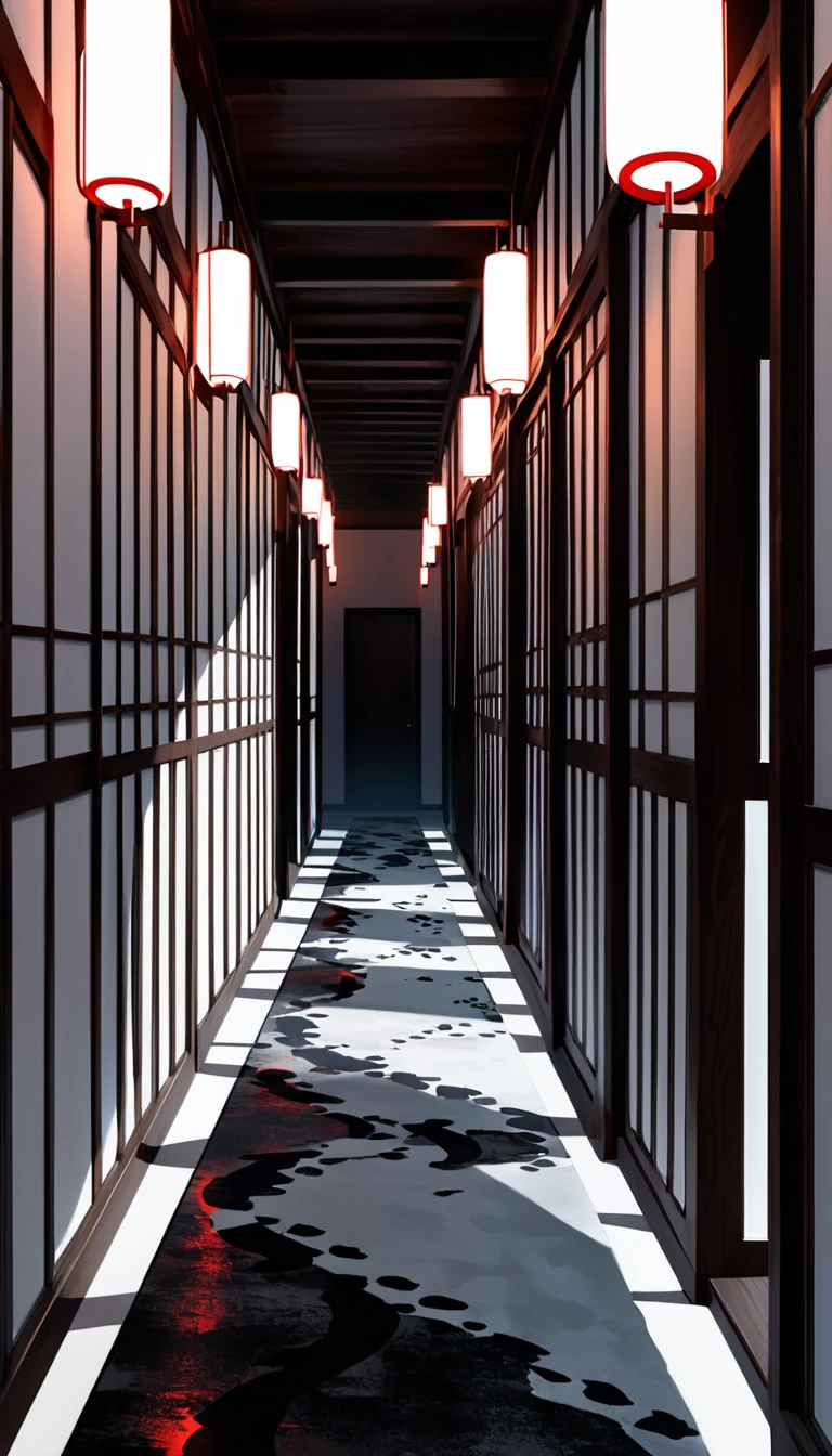 A hallway where you can't see ahead, Demon footprints and footsteps continuing in the hallway, Create an image in traditional sumi-e style depicting an endless dimly lit Japanese wooden corridor, The corridor is illuminated by flickering lanterns casting eerie shadows along the walls, Oni's footsteps are imprinted on the wooden floor glowing faintly with an ominous red hue and creating a sense of malevolent presence, Shadows of Oni figures playfully dance along the hallway leaving ghostly trails, The footsteps shimmer and move as they progress forward evoking a feeling of dread and mystery, ((( white backgrounid 、a white world))), unity 8k wall paper, ultra-detailliert, Beautifully Aesthetic, ​ masterpiece, top-quality, ighly detailed, Dynamic angles, The most beautiful forms chaos, elegent, Brutalist design, Vibrant colors, romantism, Atmosphere, 16k