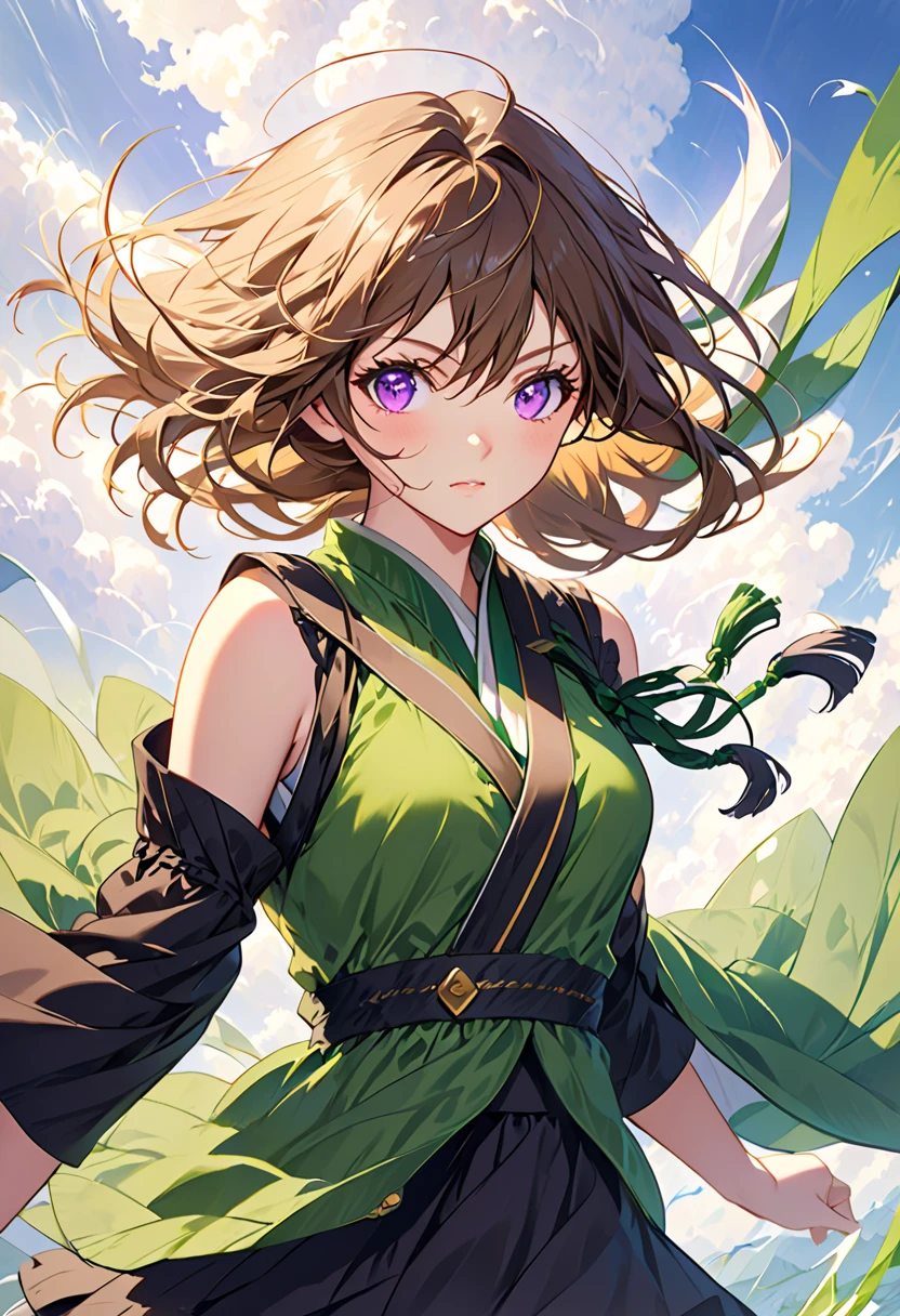 Italian girl anime version (The power to control the wind,  purple eyes and light brown medium hair,  Italian Green and Black Sleeveless Clothes and Jackets)