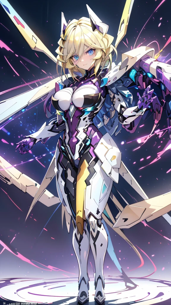 (White background:1.4),(Nature illustration spring:1, Art Book，Art Books:1.3, quilt art:1.2),( Reasonable design, clear lines, High Definition,best quality, Very detailed, Movie lighting effects, 4K ),(Mecha suit:1.5),(Cool illustration:1.5),(watercolor painting:1.2),(1girl:1.0),girl,Black and purple pattern, fantasy, detailed picture,Cool smile,Cruel beauty,Gem-like blue eyes, Very beautiful eyes, The face is rich in detail, blue and red and green and yellow energy,(Glow purple: 1.5),supercomputer,nanometer，Satellite Anthropomorphism,Standing picture，Cool look,(whole body:1.6),
((adult)),Adult women,Carol Malus Dienheim Casual:0.8,
blue eyes,under the eyes {x} Individual moles,((blonde hair:1.5)),very long hair,braided ponytail,
(gigantic breasts:1.2),(silver glowing mechanical wing),(heavy armor on shoulders),Gundam girl,mecha,