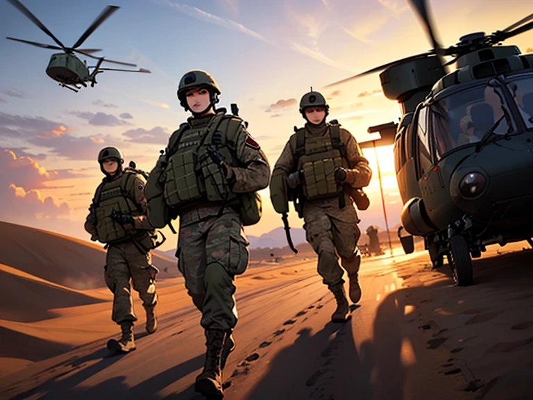 Three Black Hawk helicopters landing on golden desert sand during sunset. Soldiers disembark in an orderly manner carrying gear.