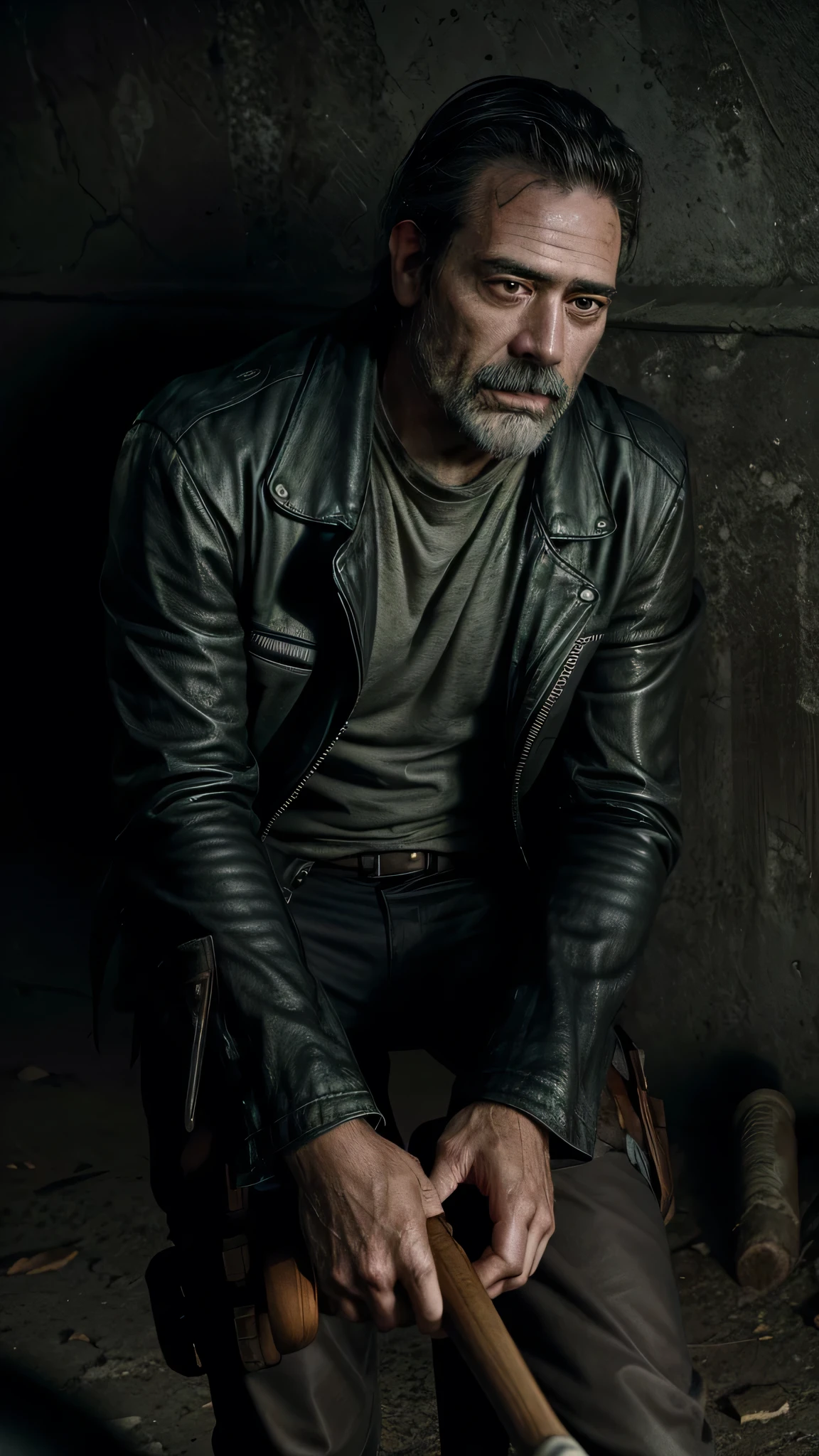 ((ultra detailed, masterpiece, absurdres)), WDNegan, n3ga01, Jeffrey Dean Morgan as Negan Smith (The Walking Dead), Arafed man in a black leather jacket holding a baseball bat, the walking dead, Negan Smith In the walking dead, he is very threatening and evil, Dark background, with a baseball bat, Expressive !!!!!, tough composition, smirk, intimidating pose, Jeffrey Dean Morgan is Negan Smith from The Walking Dead