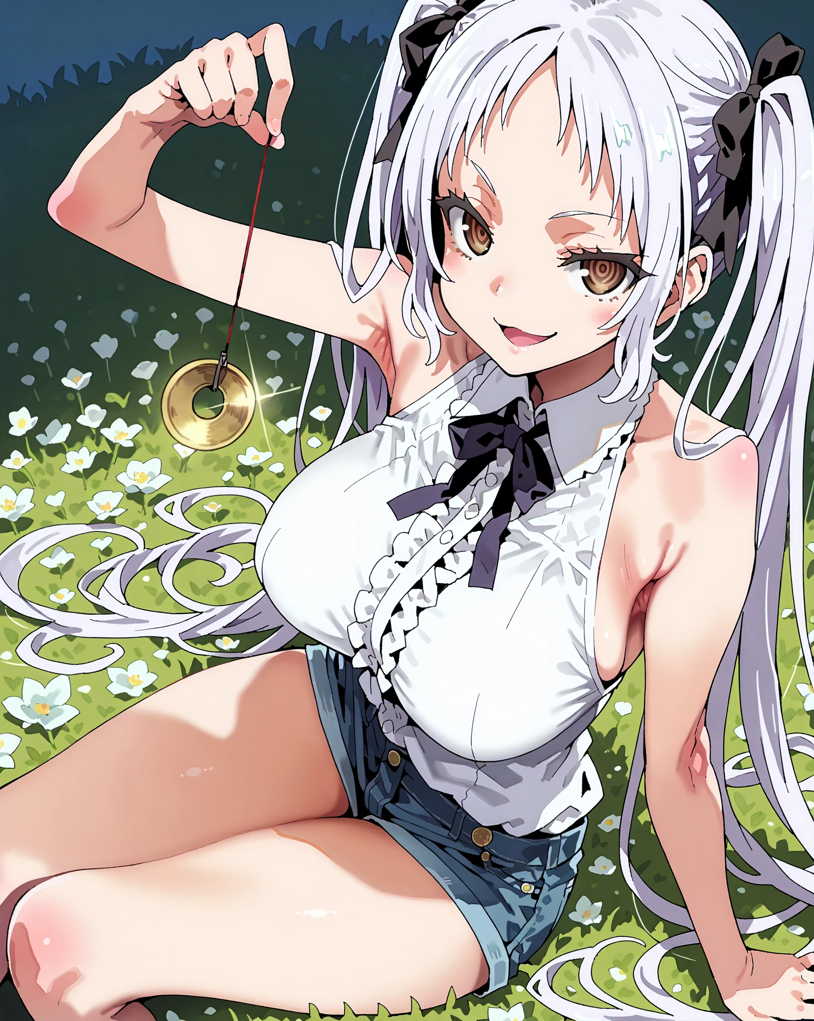 score_9, score_8_up, score_7_up, 1girl,solo, style asanagi, seduce,seductive, beautiful smile, smirk, breasts, large breasts, in flower field, she is holding a pendulum in one hand \(hypnotist holding a pendulum\), ((holding pendulum)), holding string, perfect hands, one hand up, side view, turning side, armpit focus, open mouth, smirk, looking at viewer, sitting on grass, masterpiece, high quality, absurd resolution, beautiful hands, ringed eyes, sleeveless, denim shorts, ariel, long hair, twintails, brown eyes, white hair,