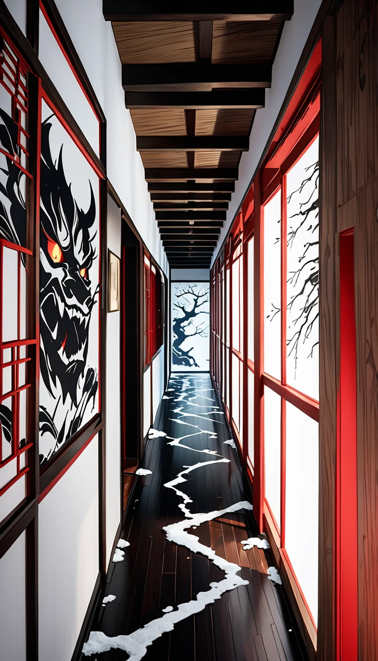 A hallway where you can't see ahead, Demon footprints and footsteps continuing in the hallway, Create an image in traditional sumi-e style depicting an endless dimly lit Japanese wooden corridor, The corridor is illuminated by flickering lanterns casting eerie shadows along the walls, Oni's footsteps are imprinted on the wooden floor glowing faintly with an ominous red hue and creating a sense of malevolent presence, Shadows of Oni figures playfully dance along the hallway leaving ghostly trails, The footsteps shimmer and move as they progress forward evoking a feeling of dread and mystery, ((( white backgrounid 、a white world))), unity 8k wall paper, ultra-detailliert, Beautifully Aesthetic, masterpiece, top-quality, ighly detailed, Dynamic angles, The most beautiful forms chaos, elegent, Brutalist design, Vibrant colors, romantism, Atmosphere, 16k