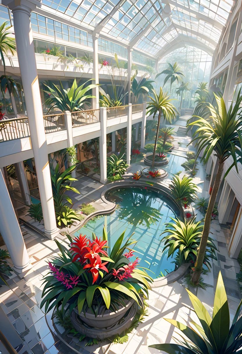  Large Fantastic Ruined Mall, Flooded floor,  Glass Ceiling ,  top view 、Balustraded , tree々, ブドウのtree, orchid, Bromeliad, palm tree々,  ornament, Golden, Many plants, Tropical plants, Marble wall,  Dynamic Light, 8k, Masterpiece,  ultra detail,  beautiful.