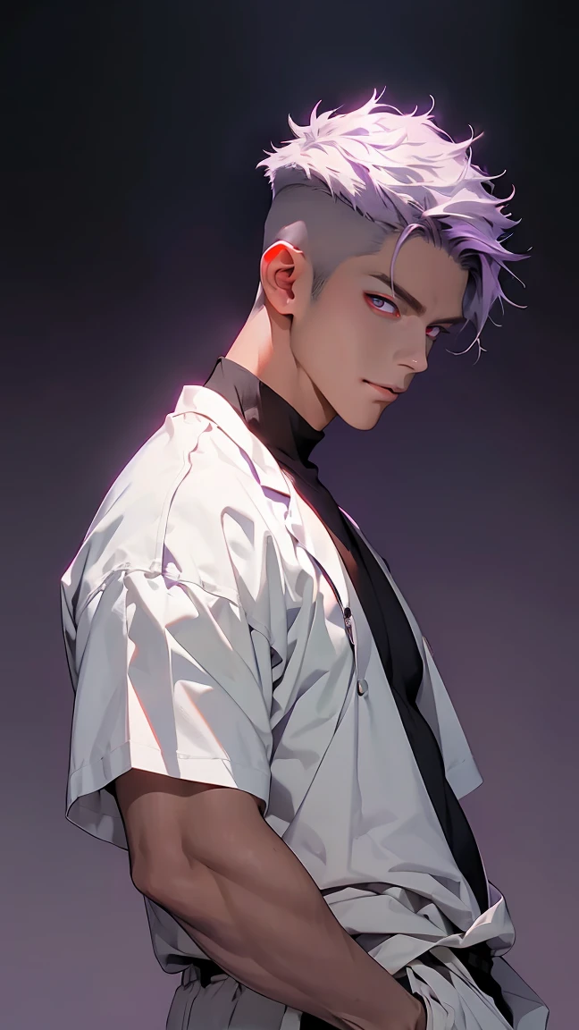 highest quality, 8K, high resolution image, anime style Jujutsu Kaisen, (Cell of Empireo/Seodoa Riddle), detailed strokes, bored look , blurred, purple light reflecting from it, 1 man, young, male, model, hand in pocket, cool guy, multicolored Background with various geometric shapes, around stickers, muscular, light purple hair, spiky hair, short Hair, swollen chest, Red Eyes, He is wearing hospital clothes, stethoscope, White shirt scrubs, White sweatpants, Background: big City hospital, He is a doctor in a hospital, he has a professional understanding compassionate aura, doctor, hospital, treatment room,