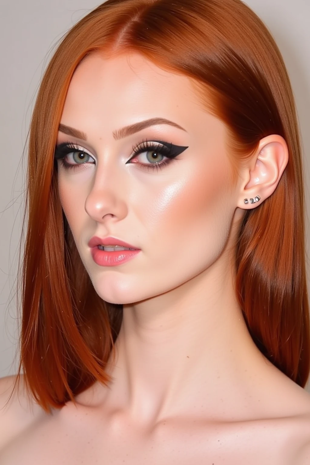 The image is a photograph of a young woman with a light skin tone and a petite build. She has straight, shoulder-length red hair, parted down the middle, and a subtle, natural makeup look with a focus on her eyes, which are framed by prominent, winged eyeliner. Her eyebrows are well-groomed and her lips are painted with a soft pink lipstick. She has a small septum piercing and a subtle blush on her cheeks, giving her a fresh, youthful look.