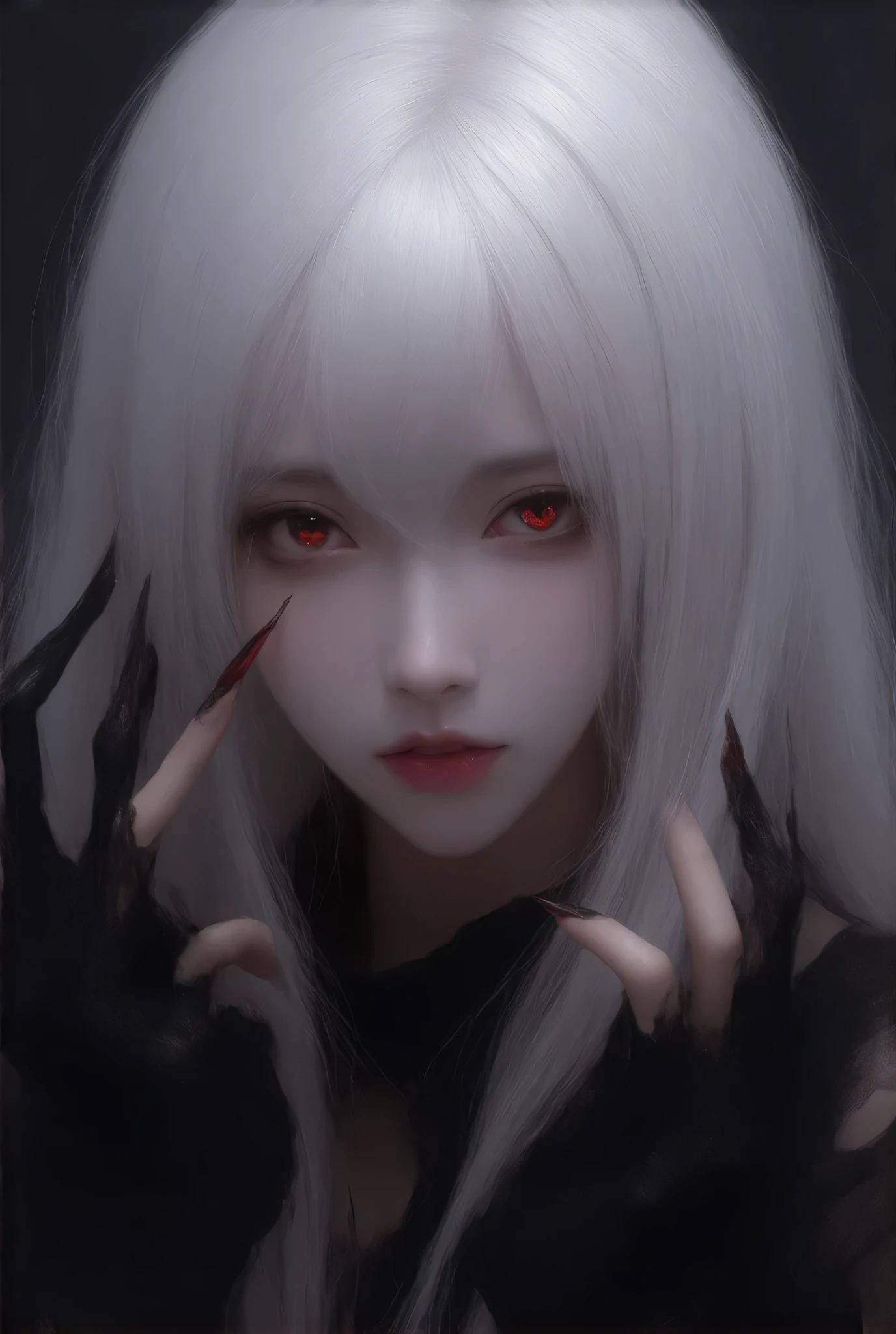 Create a highly detailed portrait of a female fantasy character with striking features. The character has long, white, flowing hair that falls over their face, contrasting with their pale, almost ethereal skin. Their eyes are deep and expressive, with captivating black irises surrounded by intricate crimson patterns reminiscent of cracks or veins. 

Combine elements that are both beautiful and darkly fantastical: add subtle details like delicate scales along the temples and cheekbones, suggesting mythical or supernatural lineage. The character's facial expression should convey a combination of vulnerability and strength. 

Their hands should be claw-like, with dark, scaly skin that contrasts with their soft features, suggesting transformation or a dual nature. Make sure the claws are sharp and elegant, and that they gently support the character's face, adding depth to the entire composition. 

 Using a dark, atmospheric background adds to the mysterious aura of the character, possibly incorporating elements such as shadowy textures or soft, muted colors to draw the viewer's attention to the character.