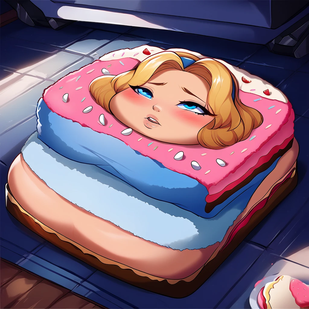 Living cake, source_anime, score_8_up, unifiedmaria CSPNY1 GlamorShots_PDXL, fat, chubby, obese, gigantic arms and legs, blush, on back, paper thin, flattened girl, flattened, on floor, lying on floor, roll press, factory, rollers,(towel body:1.3) 1girl, solo, score_6, score_7, score_7_up,