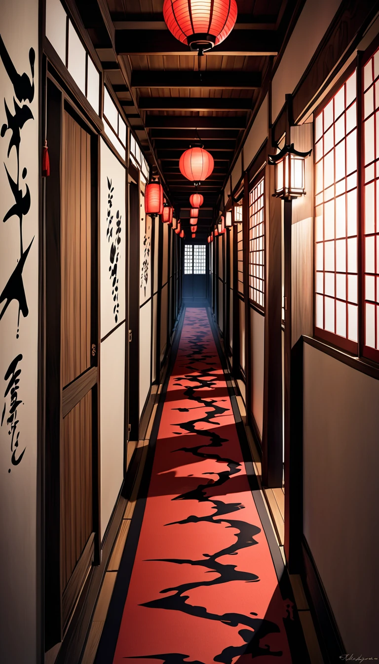 A hallway where you can't see ahead, A hallway that lasts forever, Demon footprints and footsteps continuing in the hallway, Create an image in traditional sumi-e style depicting an endless dimly lit Japanese wooden corridor, The corridor is illuminated by flickering lanterns casting eerie shadows along the walls, Oni's footsteps are imprinted on the wooden floor glowing faintly with an ominous red hue and creating a sense of malevolent presence, Shadows of Oni figures playfully dance along the hallway leaving ghostly trails, The footsteps shimmer and move as they progress forward evoking a feeling of dread and mystery