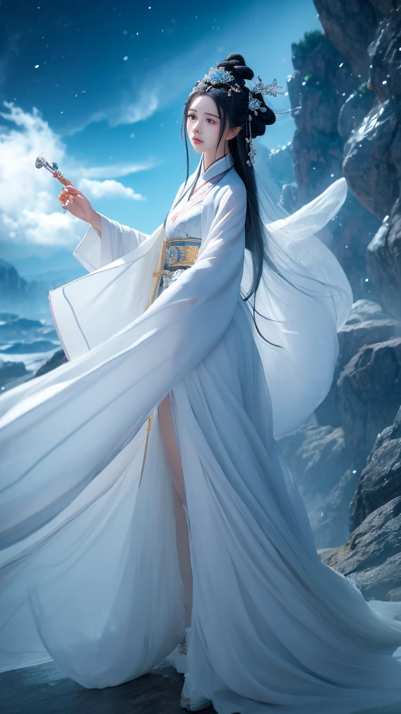  Lu Xueqi style fairy hero character painting description

The woman in white stands gracefully at the top of the fairy hero， Clouds and mists linger around her。 Her face is whiter than snow， The eyes are narrow and cold，Eyebrows like distant black， Thin lips are pursed， The expression is cold and aloof。
 
 Long hair falls smoothly behind her， Only a white jade hairpin is used to tie her hair， A few strands of hair fall on her forehead。 The white robe she wears is light and elegant，Sleeves fluttering， The silver crane rune patterns on the cuffs and skirt， She vaguely appears in the wind。
 
 She holds a blue-light long sword，The scabbard is inlaid with gems， The sword body is full of cold light。 Behind her is a mountain covered with clouds、Odd Pine Rock， And the pavilions and waterfalls in the distance， Rainbows are faintly visible。 The overall picture is cold and distant， The woman's otherworldliness is fully revealed， As if the hustle and bustle of the world has nothing to do with her。