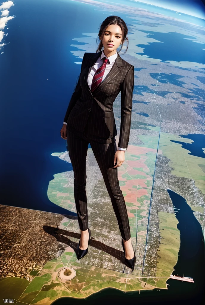 Giga Giantess art 1:4, two highly detailed giga giantess, ginger hair, white woman full body view, 10000 miles tall giga giantess, giga giantess so massive the world is very small to her, huge breasts, navy blue pinstriped trousers, white tailored shirt done up thick and very large thick Windsor knot tie, ties length reaches just passed the top of trousers, Has long full wavy ponytail, Wearing a pair of  polished round toe court heels Professional attire A look of enjoyment, Beautiful appearance, smile, horny (view from the ground)giga goddess, full body view, standing striaght, stomping on very tiny but massive continent, facing towards camera