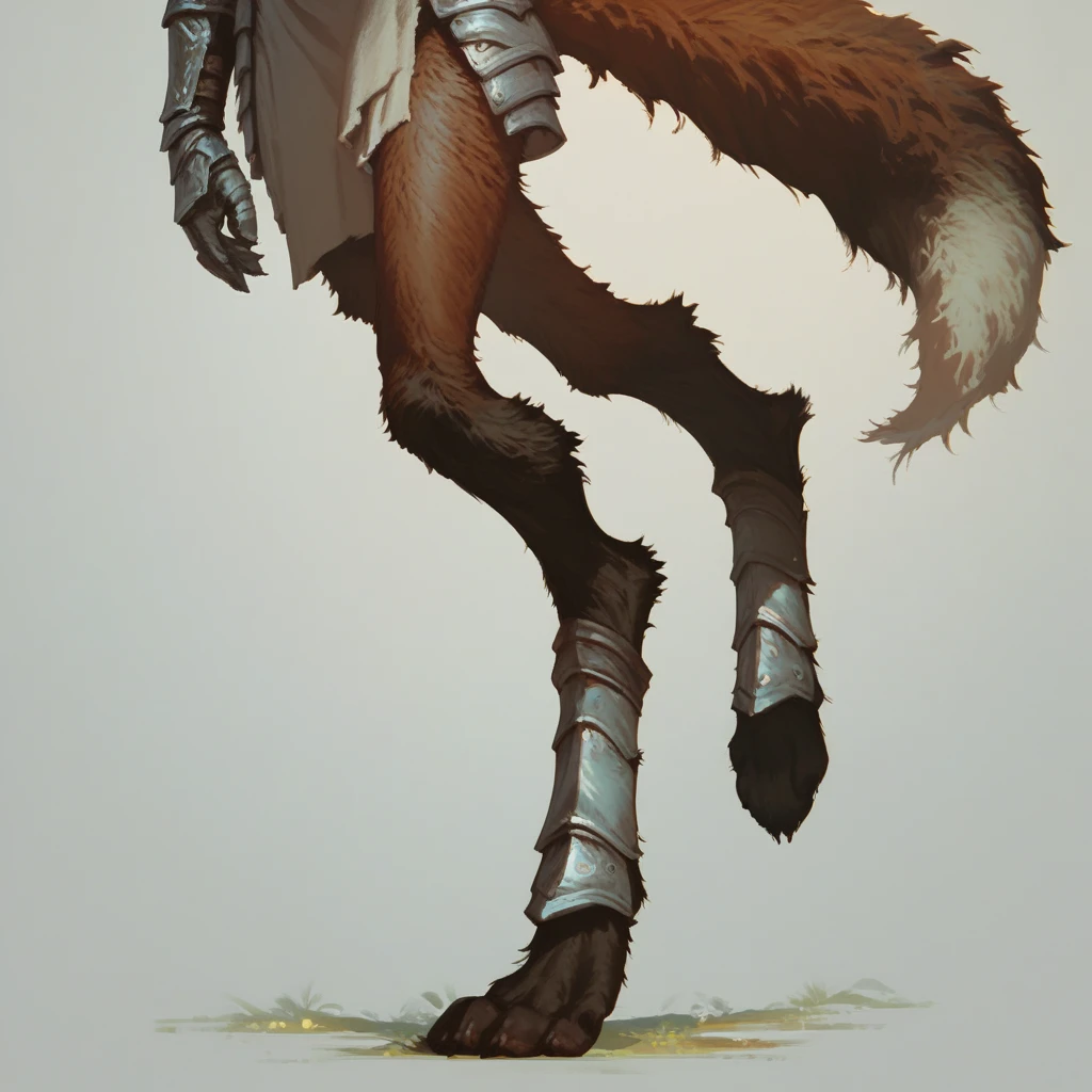 score_9, score_8_up, score_7_up, 1girl, lean, agile, (fox ears, wolf tail), satyr girl, ((digitigrade legs), fur covered legs), (legs only, legs focus), portrait, greaves, armor