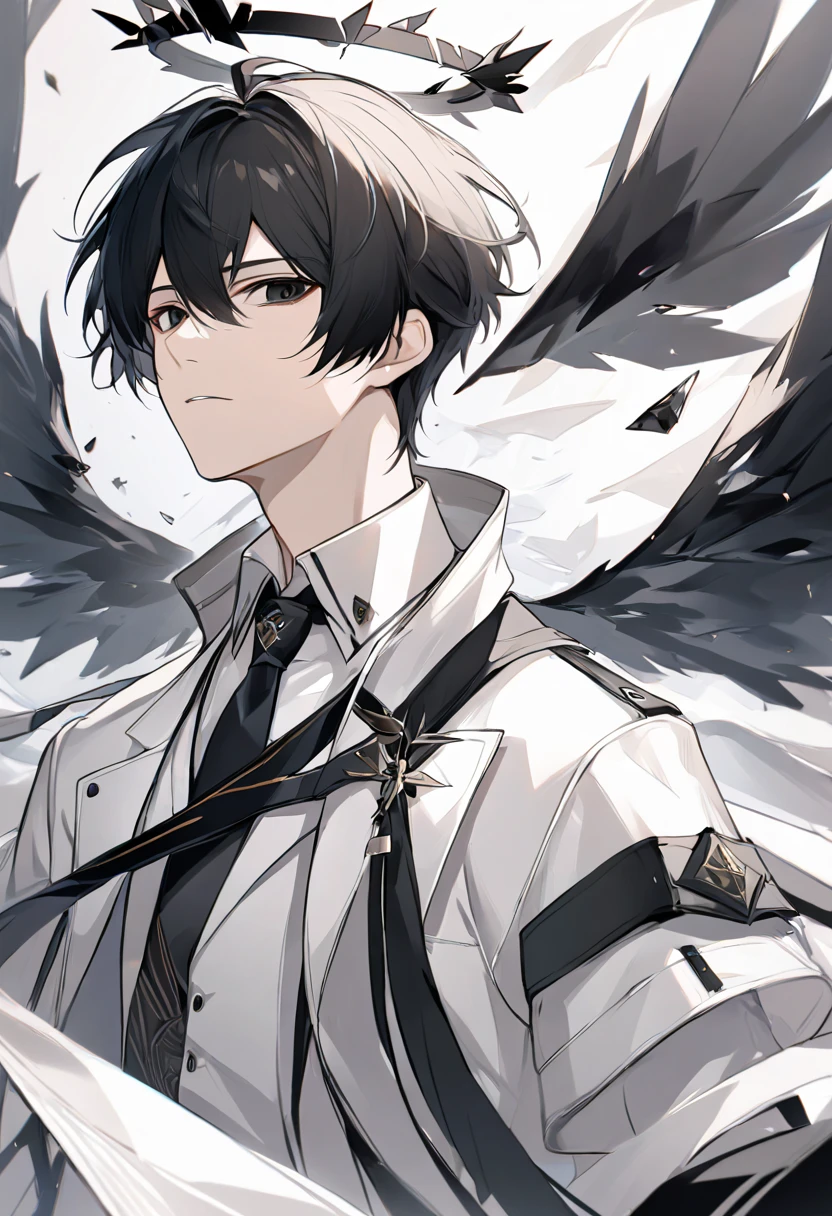 solo, handsome, 1 male, white coat, black necktie, white shirt, short hair, black hair, black eyes, fantasy, black shard wings, black halo, arknights