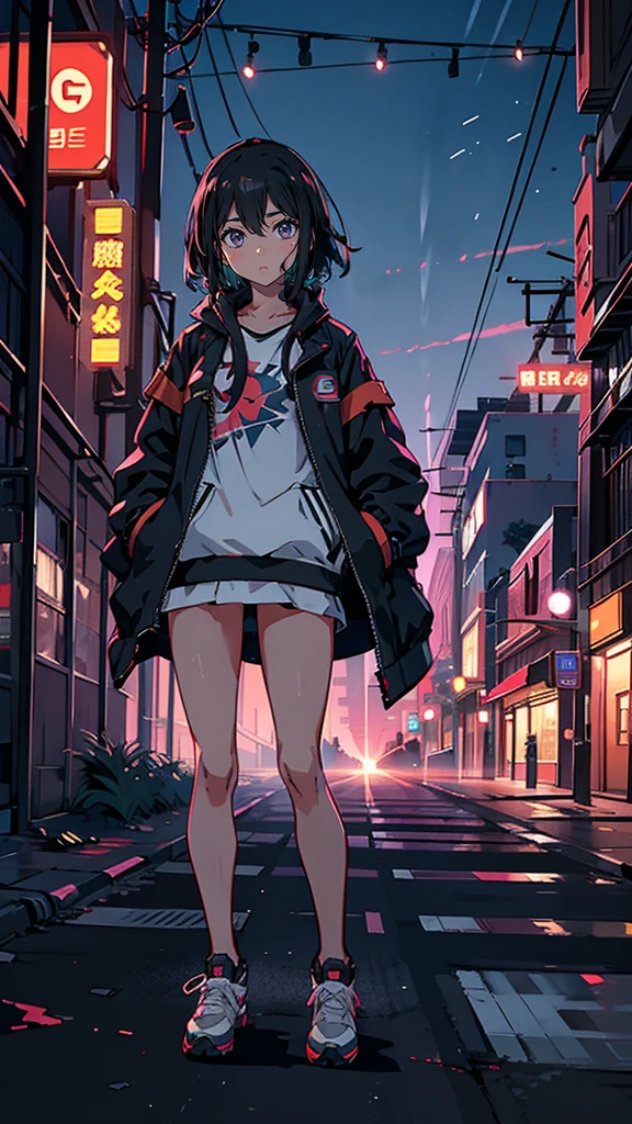 “Misaki crouches in the shadows of an abandoned industrial zone, her breath steady and her eyes scanning for AI patrols. She holds a small scanner in one hand, its screen displaying flickering signals from nearby drones. The dim light from a distant streetlamp casts long shadows on the cracked pavement. Above her, the glowing outlines of surveillance drones pass silently, their searchlights sweeping the area. With a quick motion, Misaki darts to another hiding spot, her movements fluid and precise. Her jacket catches the faint glow of a neon sign in the distance, as she prepares to plant an EMP device to disrupt the AI’s operations.”