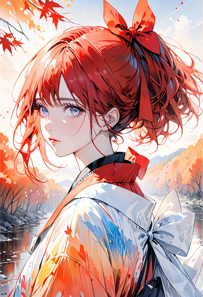 (8k,  top quality, Masterpiece:1.2),( top quality:1.0), ( ultra high definition:1.0), watercolor,  beautiful women, shoulder,  hair bow, by agnes cecile, Half-body portrait,   very bright bright design,  pastel colors, (ink:1.3), autumn lights,