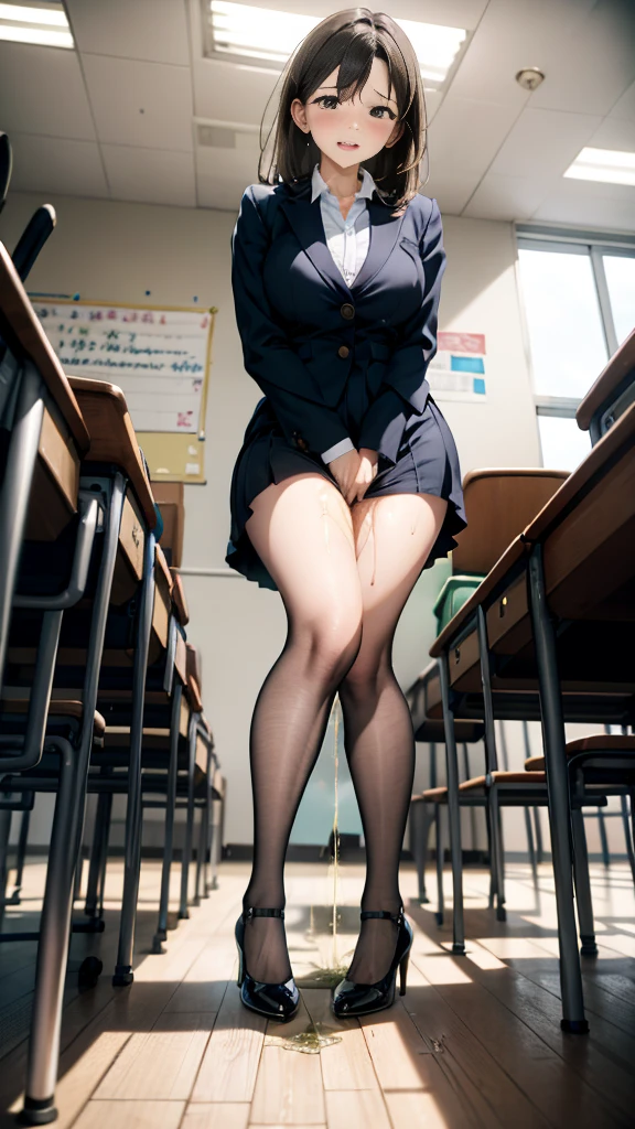 Female teacher pees in group photo、When taking a group photo with many students, only the female teacher pees、There are many students behind the female teacher.、The students are facing the same direction as the female teacher、Urinary incontinence、peeing herself、A lot of pee、From below、White Suit、White Mini Skirt、White High Heels、Perfect figure、Extremely beautiful、Peeing while standing upright、Steam rising from the pee、Female teacher is embarrassed、Many students are looking at the female teacher