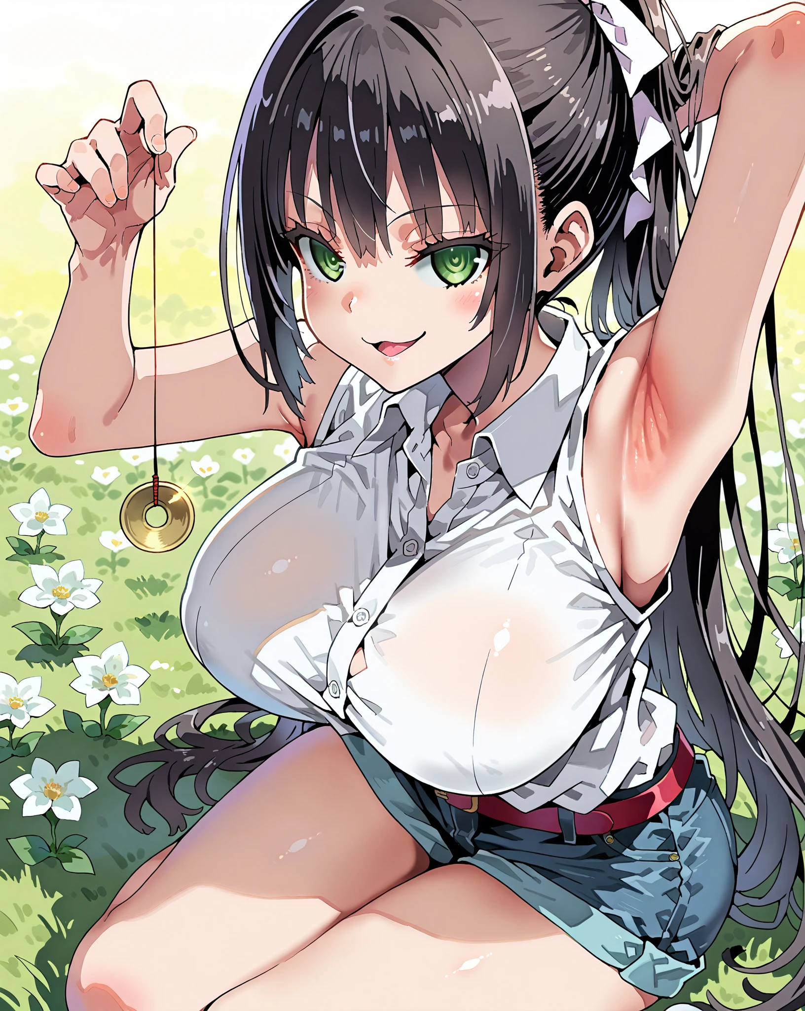 score_9, score_8_up, score_7_up, 1girl,solo, style asanagi, seduce,seductive, beautiful smile, smirk, breasts, large breasts, in flower field, she is holding a pendulum in one hand \(hypnotist holding a pendulum\), ((holding pendulum)), holding string, perfect hands, one hand up, side view, turning side, armpit focus, open mouth, smirk, looking at viewer, sitting on grass, masterpiece, high quality, absurd resolution, beautiful hands, ringed eyes, sleeveless, denim shorts, kzseraphim, black hair, green eyes, ponytail, 