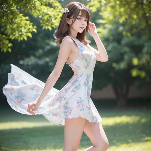 ((masterpiece, highest quality, Best image quality, High resolution, Realistic, RAW Photos, 8k)), ((Highly detailed CG synthesis 8k wallpaper)), Dancing in the starry sky,A fluttering summer dress seen from behind,