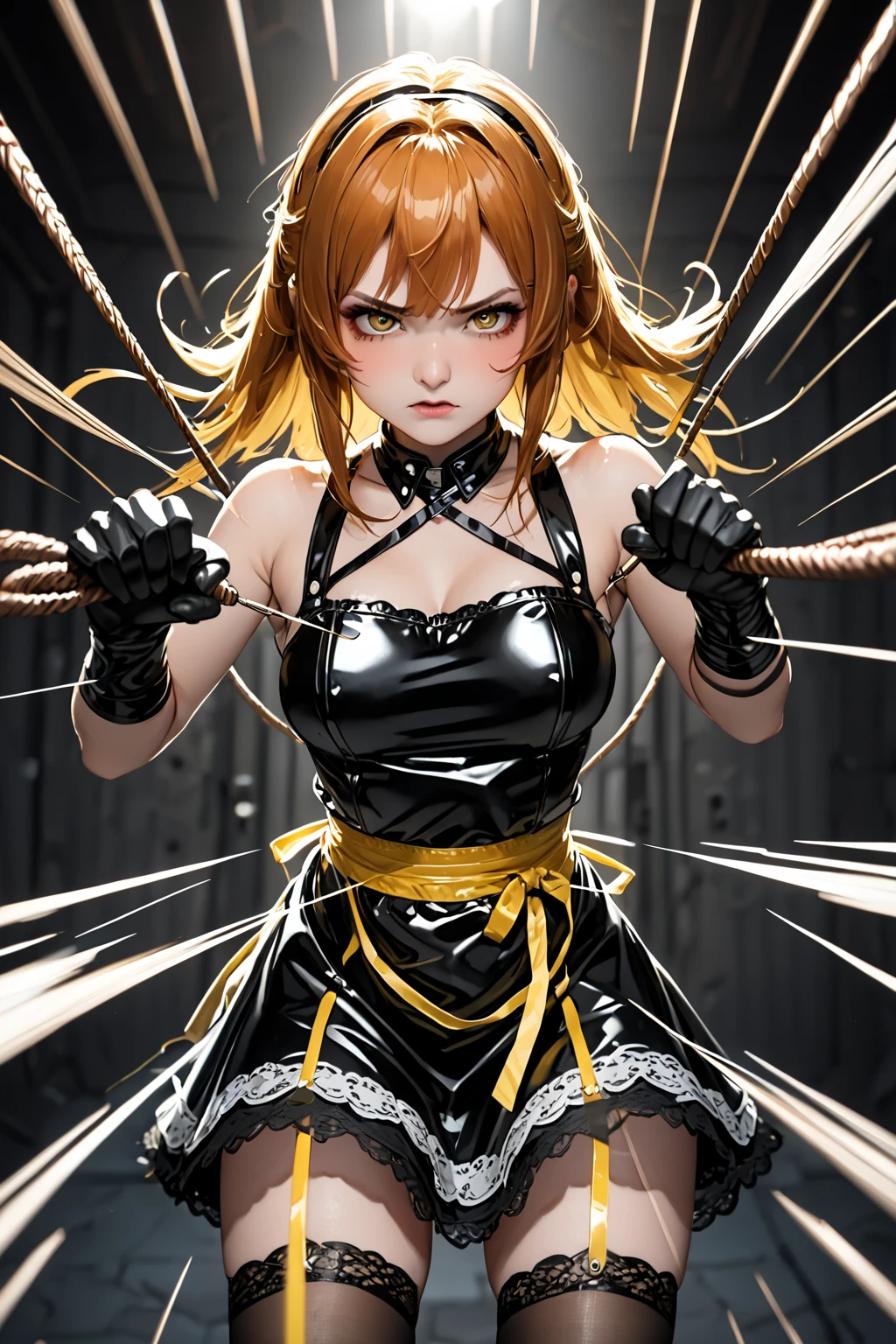  ultra,  The highest quality image ,  artistic masterpiece.  The Japanese-looking girl ,  heavenly beauty , 18+. arrogant, very angry, dissatisfied. copper hair ,  maid bandage .  Black lace latex dress ,  black lace latex skirt ,  black latex stockings ,  black latex gloves,:   (Yellow latex lace apron) .  No naked body . Standing in a dark ,  raw dungeon.Holds a black weapon , whip ping, cutting , whip, fighting stance,((( whipping:1.2, motion blur , lines  ))), arms outstretched , doyagao , входящий vertical whip , incoming horizontal whip