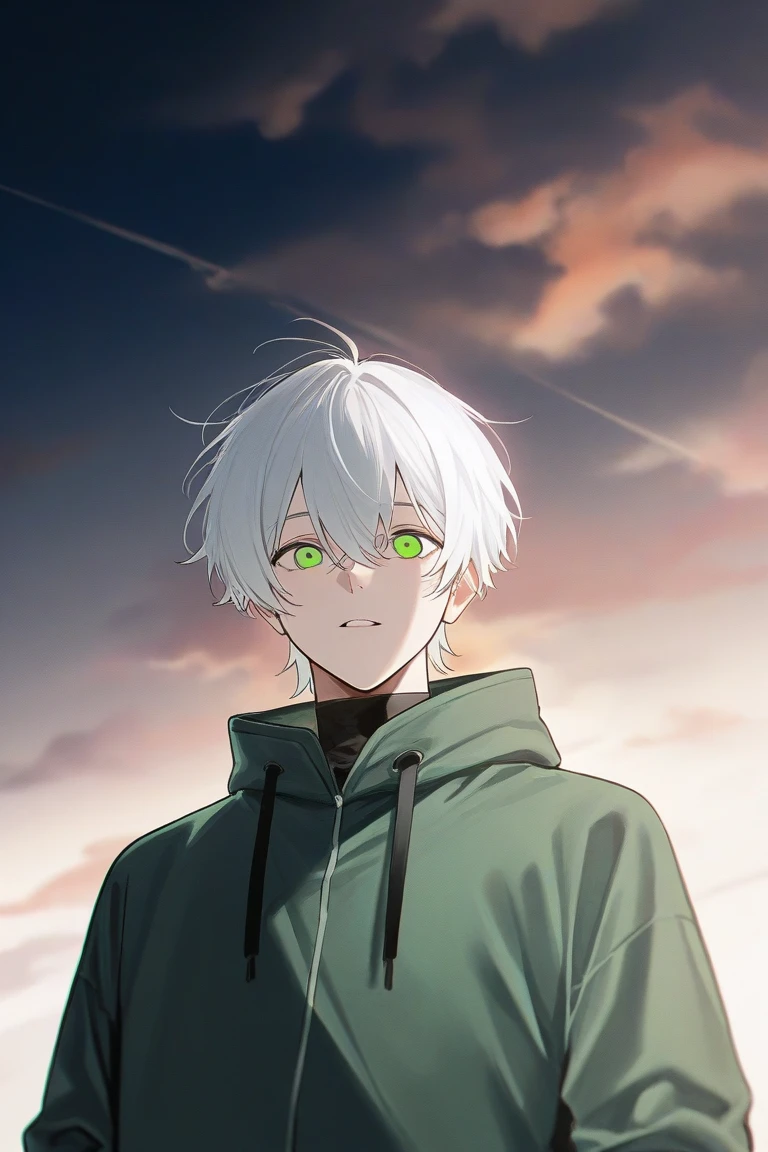 A 29-year-old white-haired, green-eyed male character in the anime style of 2024