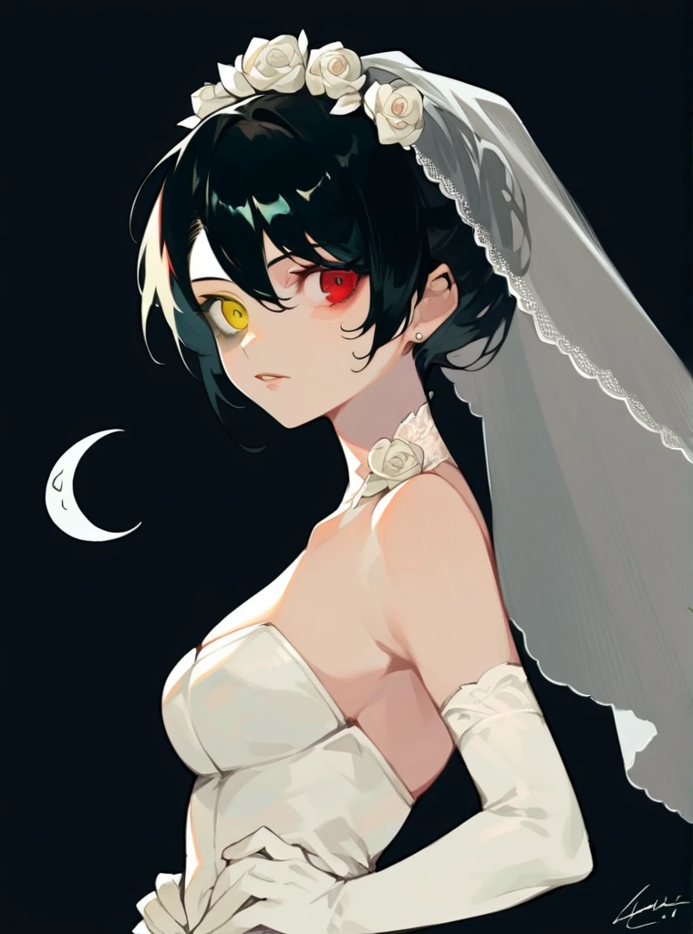 score_9,score_8_up,score_7_up,source_anime,1girl,solo,KurumiBase,clock eyes,red eye,yellow eye,heterochromia,black hair,bridal veil,wedding dress,elbow gloves,
portrait,from side,black background,hand on own hip