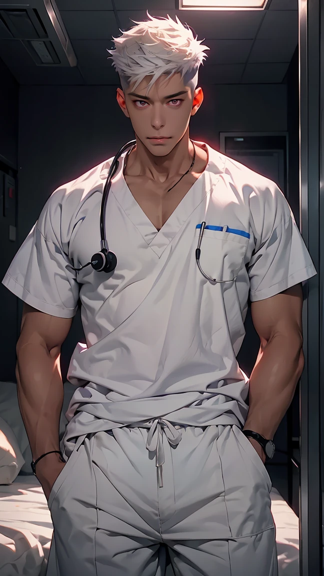 HD quality, high definition, a male doctor 18 years old handsome, muscular and slim, red lips, leaning forward pushing wall of his clinic, ((exposed vagina)) , wearing open wet laboratory coat, model with bracelets, earrings, with reading glasses, fully nude and naked body, eyebrowse angry, side view, wearing flip flops, sexy and seductive, with sweat, exposed Vagina , ((with stethoscope in his neck)), mouth is open. Wearing gloves