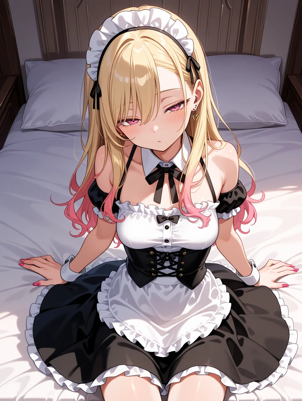 Male genital insertion,missionary position,Vaginal ,Blonde twin tails,Black ribbon hair clip,Pink eyes,Big Breasts,Baby Face,White ta Dress,Ruffle sleeves,No panties,bed,Leg spread
