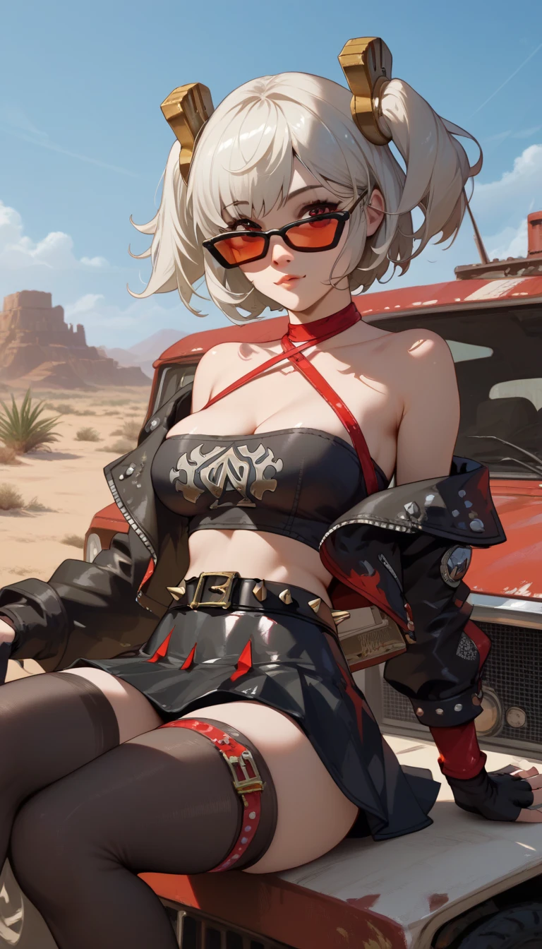  1girl,One,_ZZZ,  short hair,  short double tails,  hair ornament,  facing the viewer ,  nude,  caresses herself between her legs,  very sexy , erotica,  Leans forward ,  sunglasses, on the head , desert area,  in the background of an abandoned gas station, White,  short hair,  short double tails,  hair ornament ,  sunglasses, on the head  ,  red halterneck , black top,  short top ,  cleavage , life , black jacket,  fingerless gloves , studded belt , black skirt,  red hip straps,  black stockings,score_9, score_8_up, score_7_up, score_6_up, score_5_up, score_4_up,