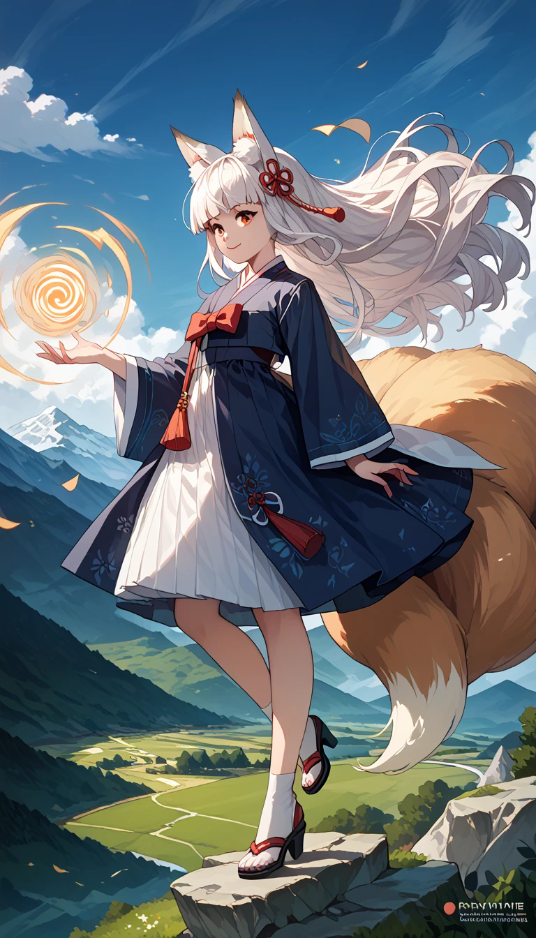 (masterpiece,  best quality :1.2), 1 woman,  alone, Gumiho, 여자 Gumiho,  Korean girl, Fox ears, fox tail, Hanbok,  white hair, In the mountains, ( huge boobs ), magic