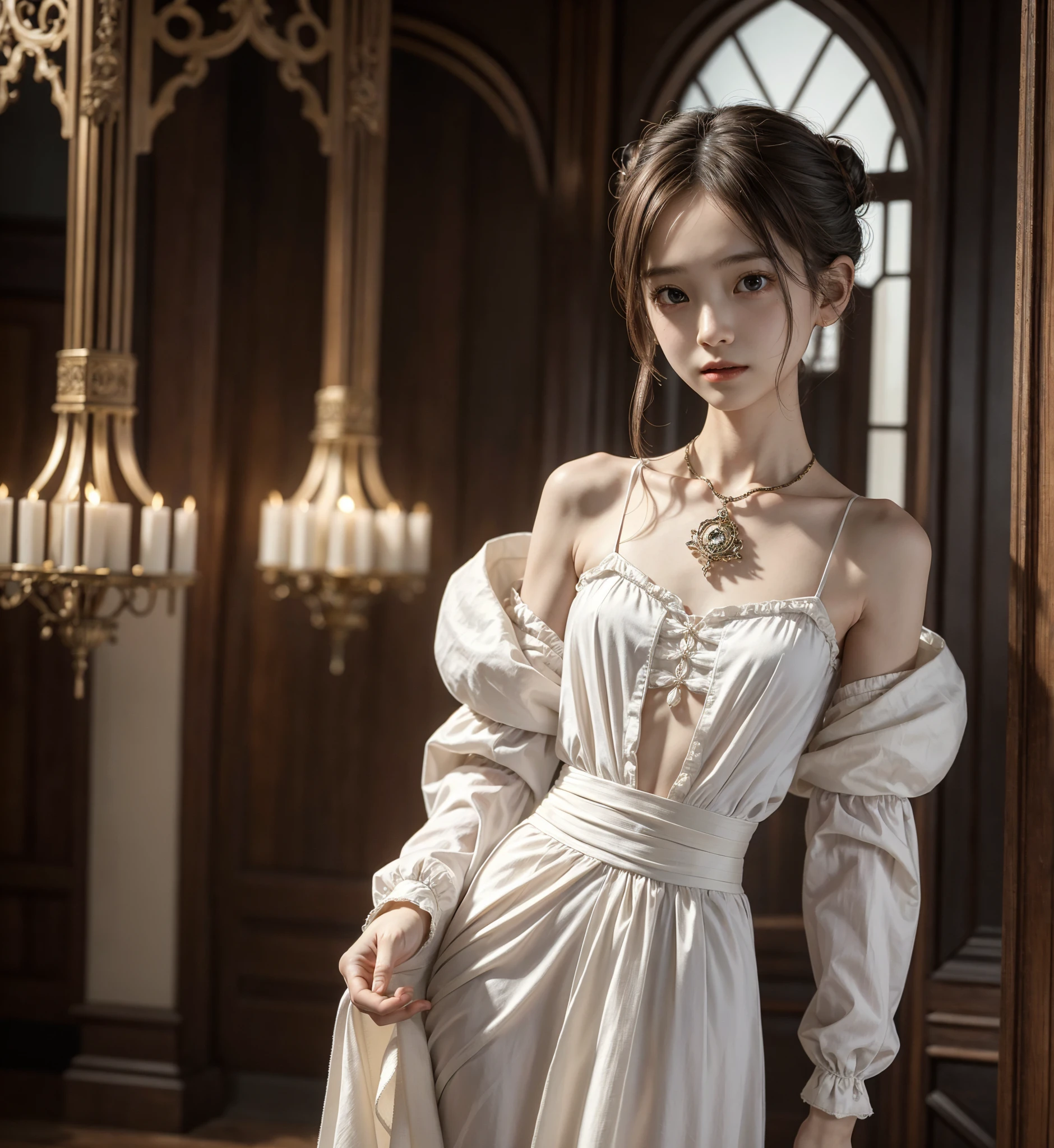  Unity 8K Wallpaper,  more details,  beautiful,  beautiful, masterpiece,  top quality, vibe, mystery, Romanticism, literature, art, fashion,  Victorian, Decoration, Complexity, Ironwork, race, meditation, Depth of emotion,  Supernatural, 1 girl, white skin,White Shoulders,Narrow shoulders,Thin arms, slender waist, bun hair 