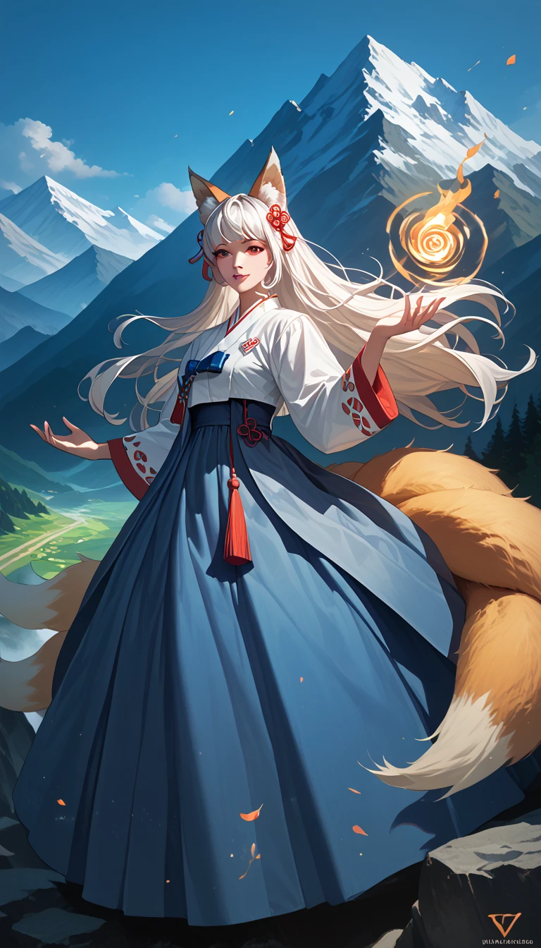 (masterpiece,  best quality :1.2), 1 woman,  alone, Gumiho, 여자 Gumiho,  Korean girl, Fox ears, fox tail, Hanbok,  white hair, In the mountains, ( huge boobs ), magic