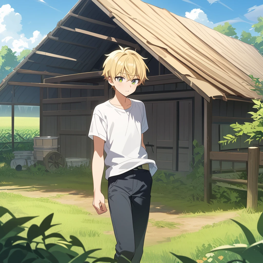 A teenage boy with blonde hair and green eyes living in a farm 