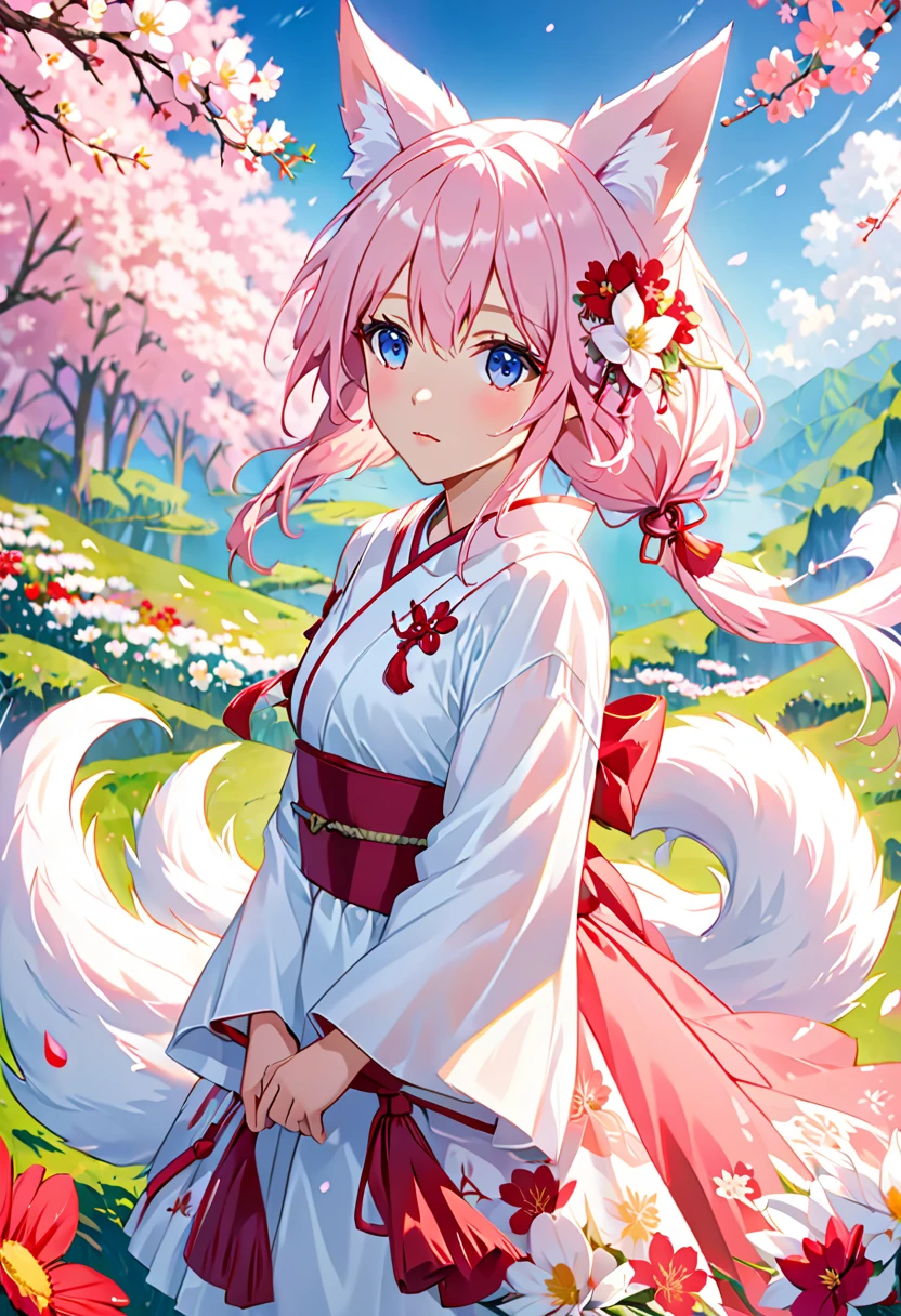 Nine Snow White Fox Tails (1.0), Milky Fox Tail (1.0), Nine-tailed fox close-up, Nine Tail, Nine Tail, Anime girl with pink hair and pink dress with flower decoration, very Beautiful anime fox girl, Beautiful anime fox girl,  BEAUTIFUL FANTASY ANIMATION , Gwaiz, anime girl with fox ears,  beautiful anime girl , Very pretty and cute fox girl, Pink flower rain,  background blur ,  anime style 4k with AK5 rifle,  anime fantasy art , 4k anime wallpaper, Gouvez-style artworks