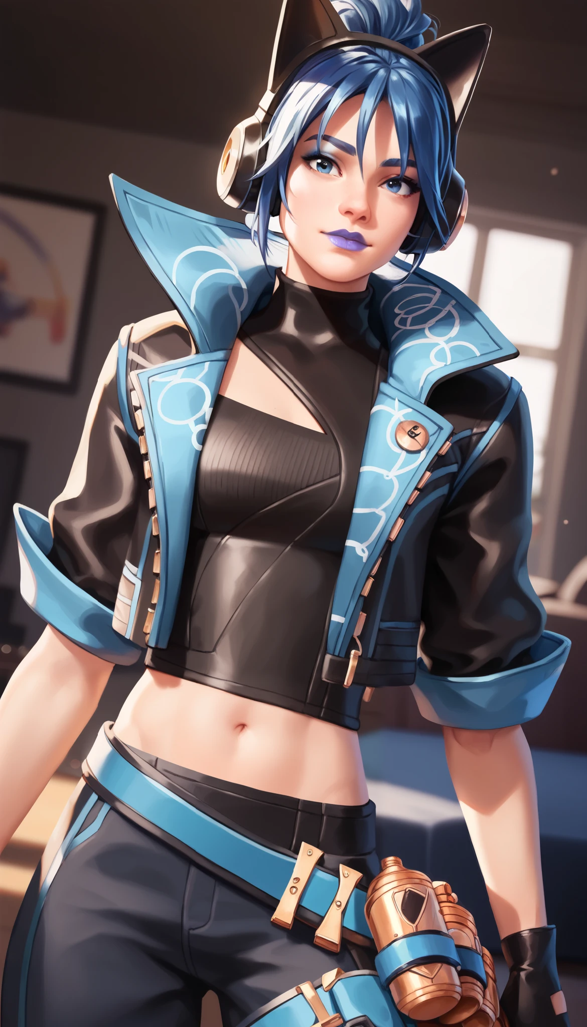 BREAK, FNHeroHop, blue hair, cat ear headphones, short ponytail, blue eyeshadow, blue eyes, purple lips, open collared jacket, clothing cutout, short sleeves, black turtleneck, midriff, fingerless gloves, utility belt, normal face expression, looking at viewer, 1 girl, solo, living room background, 3D