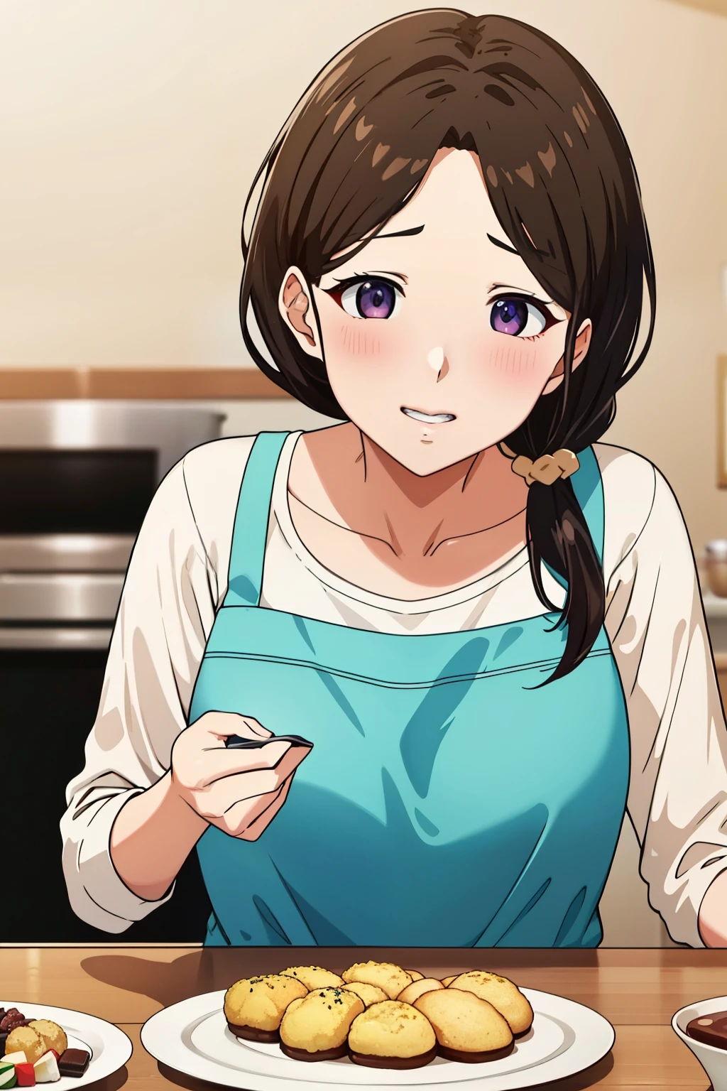 Breakfast、 mom preparing food、Family eating、breakfast、 apron、(超High resolution,4K,Very detailed,  8k, High resolution, High resolution, Absurd:1.2),40-year-old Japanese woman,expensive,Long black hair,Perfect Face,Expressive eyes,Brown eyes,Natural smile,blush,In the kitchen,whole bodyが見える、whole body、 こちらに笑いかける