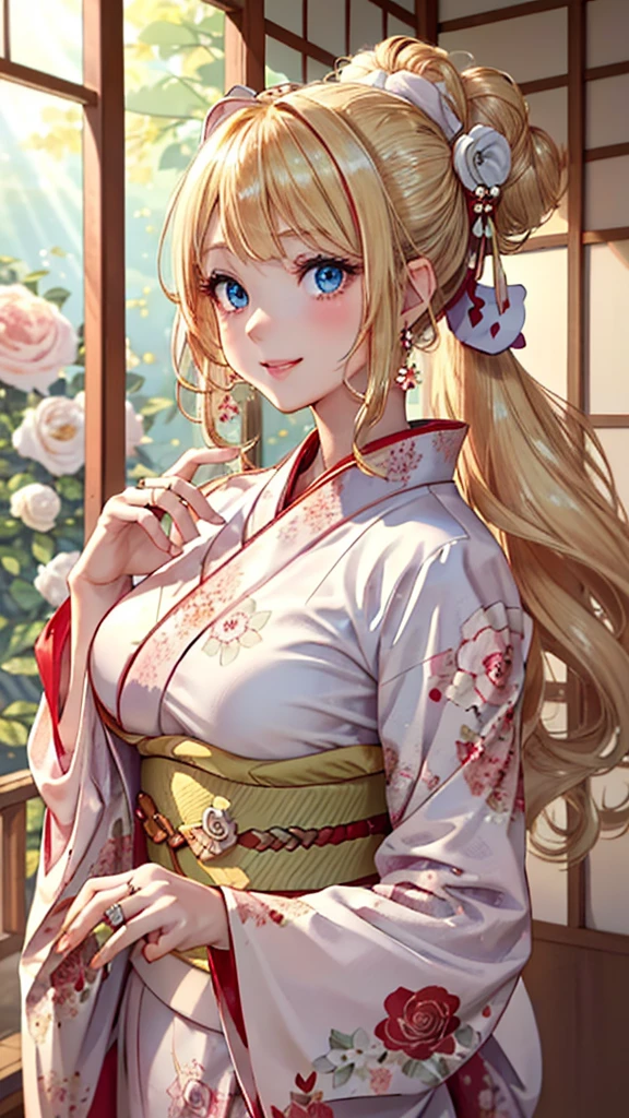 A masterpiece, ultra high definition, ultra HD quality, the most beautiful woman in history, anime, slender body, (large breasts), tall height, small face, well-balanced proportions, (shiny hair, light blonde hair:1.2), (((Updo hair:1.3))), (long bangs), (has beautiful shining eyes), (clear Blue eyes), (((shining highlights:1.3))), long eyelashes, pink lips, beautifully precise and delicate hand and finger creation, divine smile, (((Japanese kimono / pale red colored furisode))), (((gorgeous floral kimono))), (white rose accessory:1.2), ((Hairpin)), (small earrings, ring), upper body, beautiful standing posture like a fashion model, Japanese shrine, torii gate
