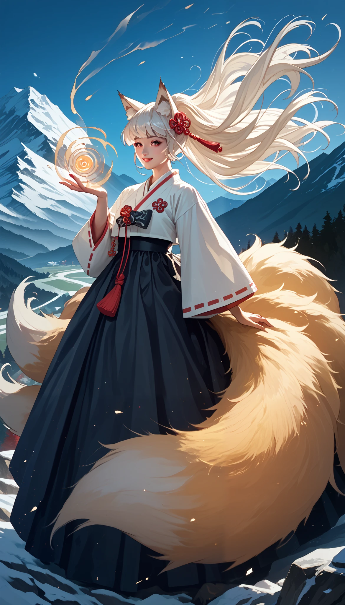 (masterpiece,  best quality :1.2), 1 woman,  alone, Gumiho, 여자 Gumiho,  Korean girl, Fox ears, fox tail, Hanbok,  white hair, In the mountains, ( huge boobs ), magic