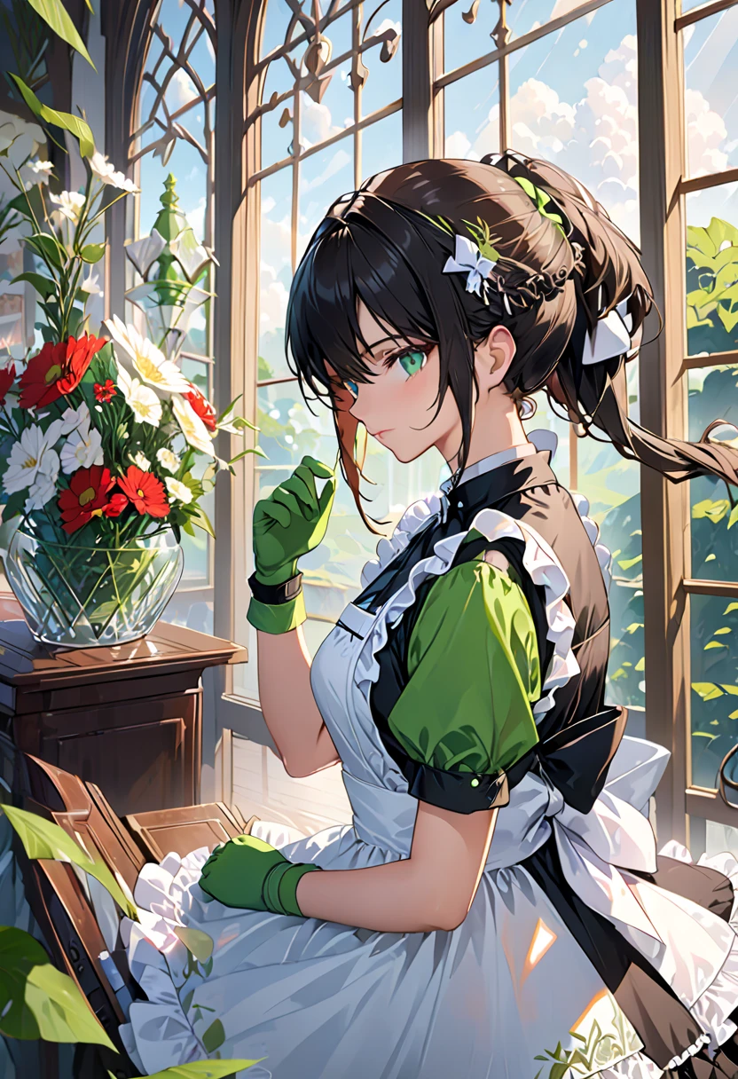 high resolution, Clear focus, Pixiv Masterpiece, ((Intricate details)), Very detailed, Yuri Alpha, 1 Girl, Black Hair, (Green wristband, Green gloves, peak,:1.1) Glasses, Green Eyes, maid, Single bun, skirt, Necklace, bow tie, maid apron,