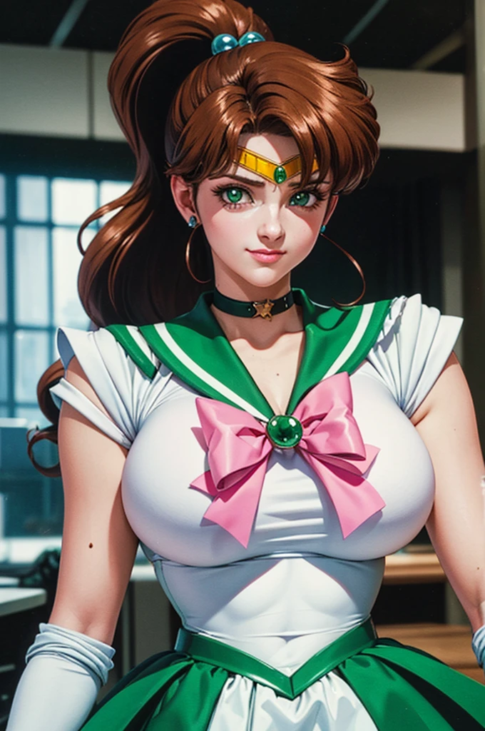 Highest quality、Realistic、woman、senior citizen、68 years old、grandmother、Wrinkled face、Sailor Jupiter、、Sailor Senshi Zoom、Orange eyes、Gray Hair、ponytail、Reinforced Body、Green collar sailor uniform、Green pleated mini skirt、Pink ribbon、White long gloves、thin、Saggy breasts、Appropriate smile、Busy Street、Bust Shot、