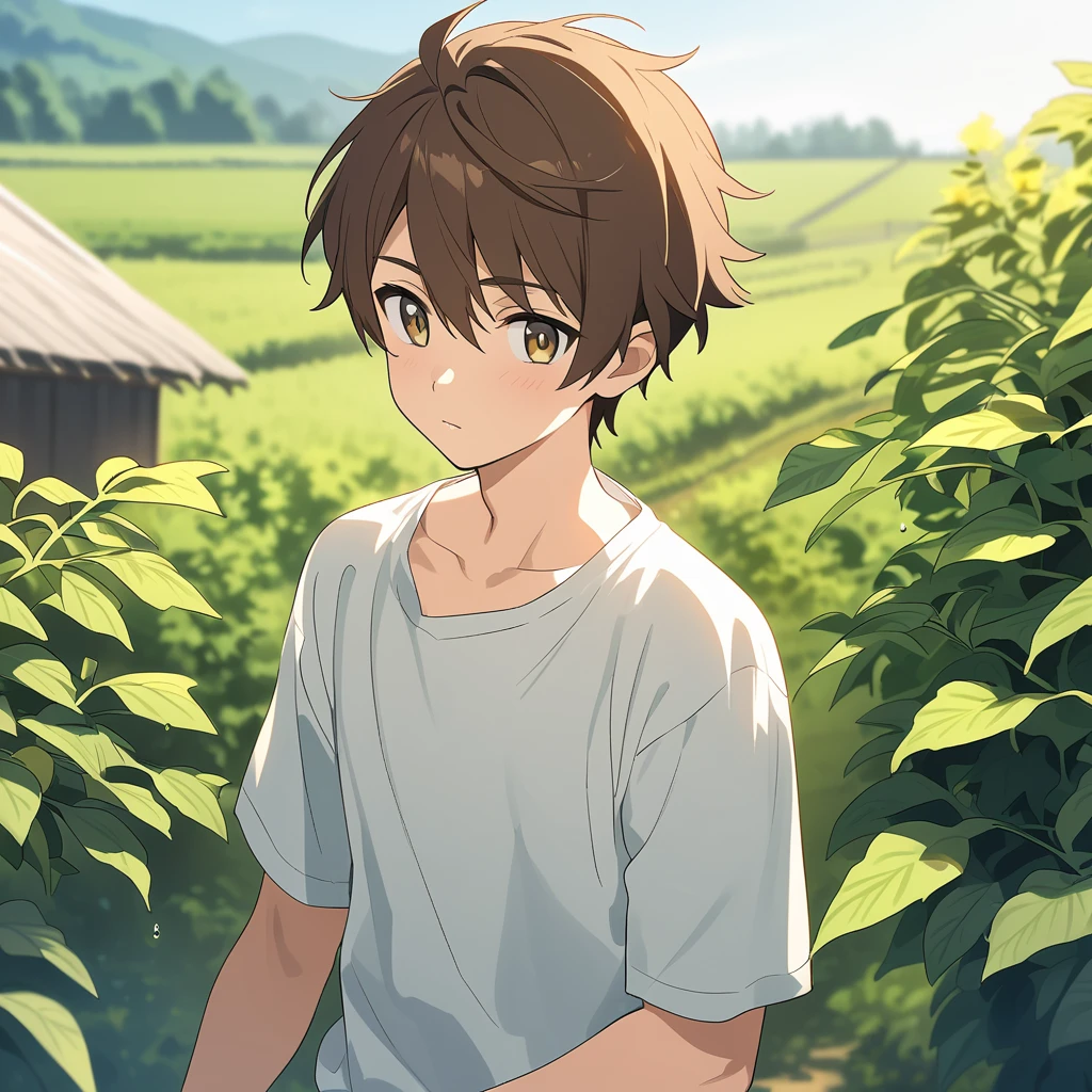 A teenage boy with brown hair and hazel eyes living in a farm 