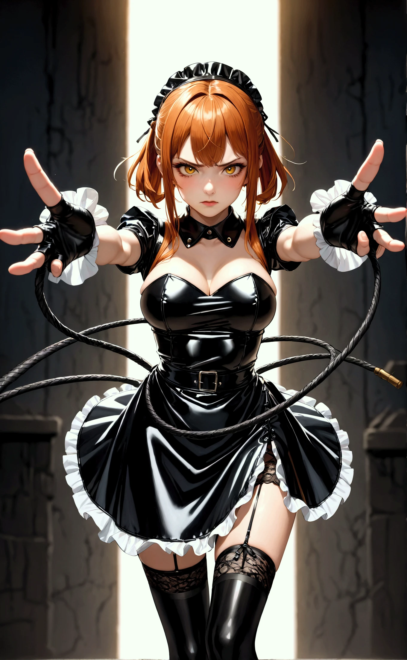 ultra,  The highest quality image ,  artistic masterpiece.  The Japanese-looking girl ,  heavenly beauty , 18+. arrogant, very angry, dissatisfied. copper hair ,  maid headband:1.2.  lace latex dress :1.2,  black lace latex skirt :1.2,  latex stockings :1.2,  black latex gloves:1.2,  ((( latex lace apron :1.2))).  No naked body . Standing in a dark ,  raw dungeon ,holds a weapon not long whip :1.2 , whip ping:1.2, cutting:1.2 ,not long whip:1.2, fighting stance,((( not long whipping:1.2, motion blur:1.2 , path of motion:1.2 ))), arms outstretched:1.2 , doyagao , входящий vertical whip:1.2 , incoming horizontal whip:1.2