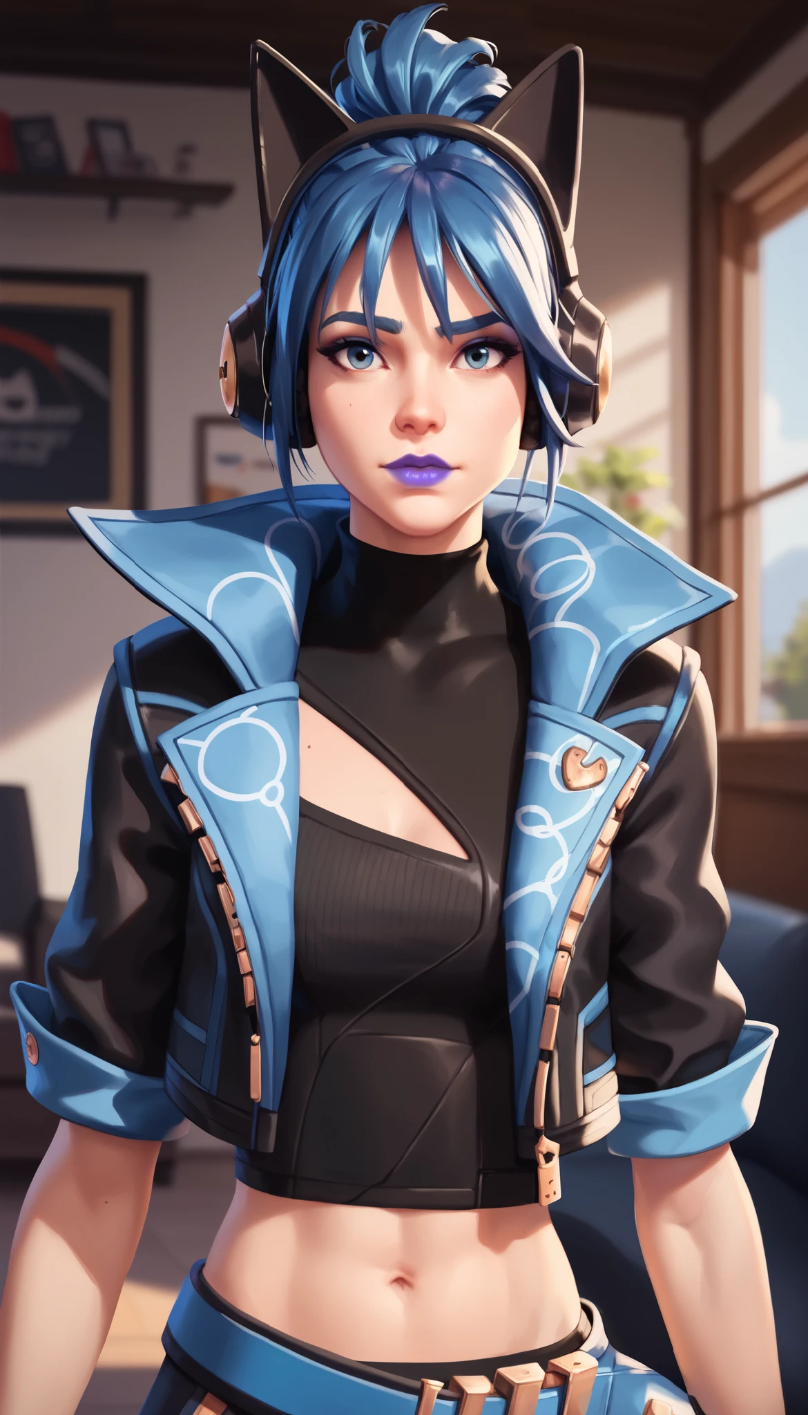 BREAK, FNHeroHop, blue hair, cat ear headphones, short ponytail, blue eyeshadow, blue eyes, purple lips, open collared jacket, clothing cutout, short sleeves, black turtleneck, midriff, fingerless gloves, utility belt, normal face expression, looking at viewer, 1 girl, solo, living room background, 3D