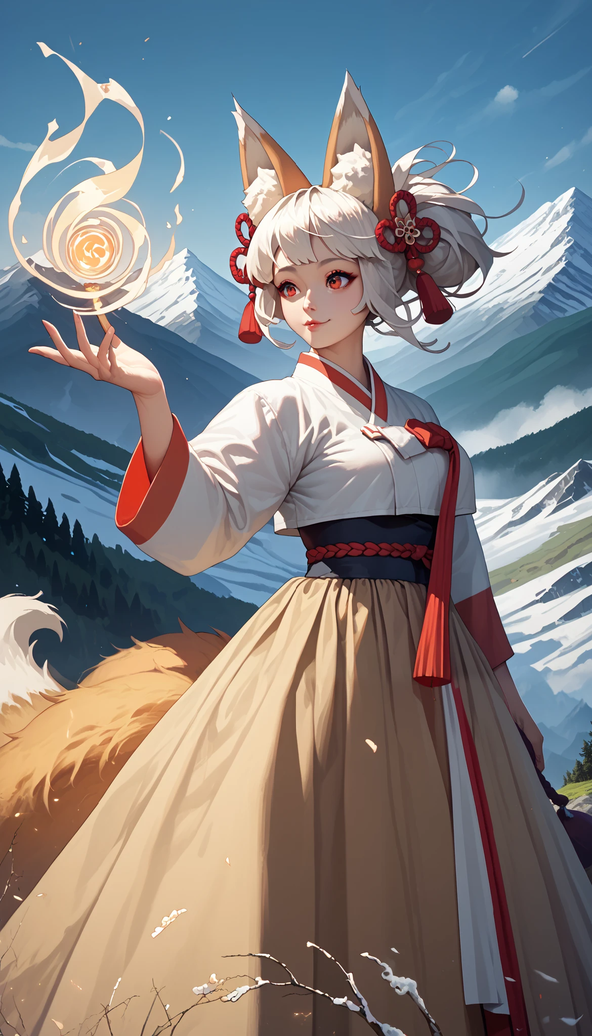 (masterpiece,  best quality :1.2), 1 woman,  alone, Gumiho, 여자 Gumiho,  Korean girl, Fox ears, fox tail, Hanbok,  white hair, In the mountains, ( huge boobs :1.4), magic