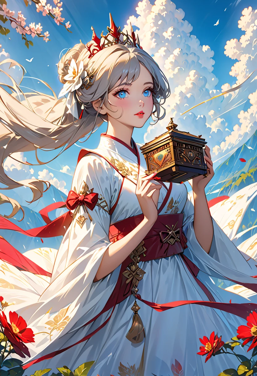 A woman in a white dress holds a music box, artwork in the style of Gwaiz, Gwaiz on pixiv artstation, Gwaiz on artstation pixiv, Gwaiz,  Fantasy Art Style , Gwaiz masterpiece,  Beautiful and elegant queen ,  beautiful character painting ,  detailed digital animation art, Blonde Princess, Gray Hair,  sky blue eyes,  pink lips